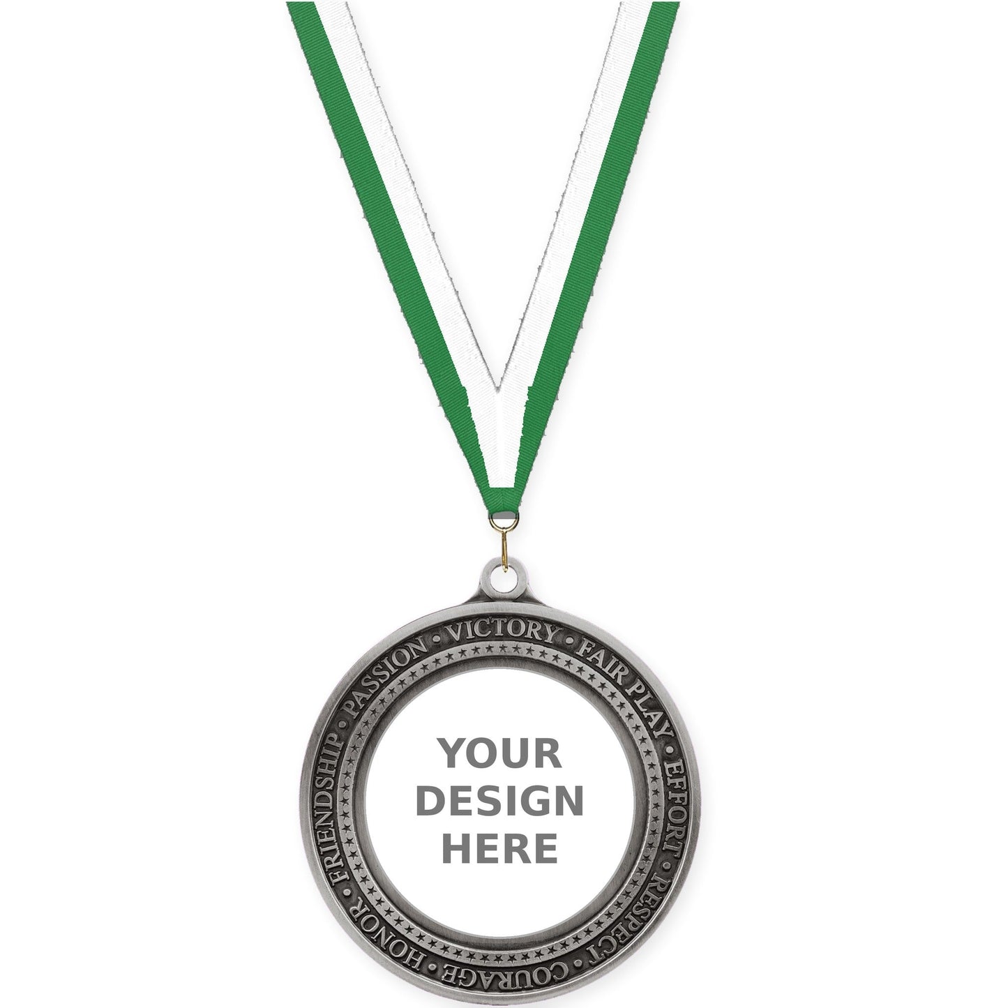 2 3/4 inch Inspiration Ring insert medal in antique silver with Green White neck ribbon