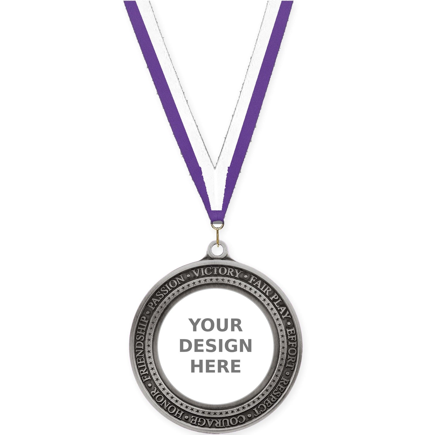 2 3/4 inch Inspiration Ring insert medal in antique silver with Purple White neck ribbon
