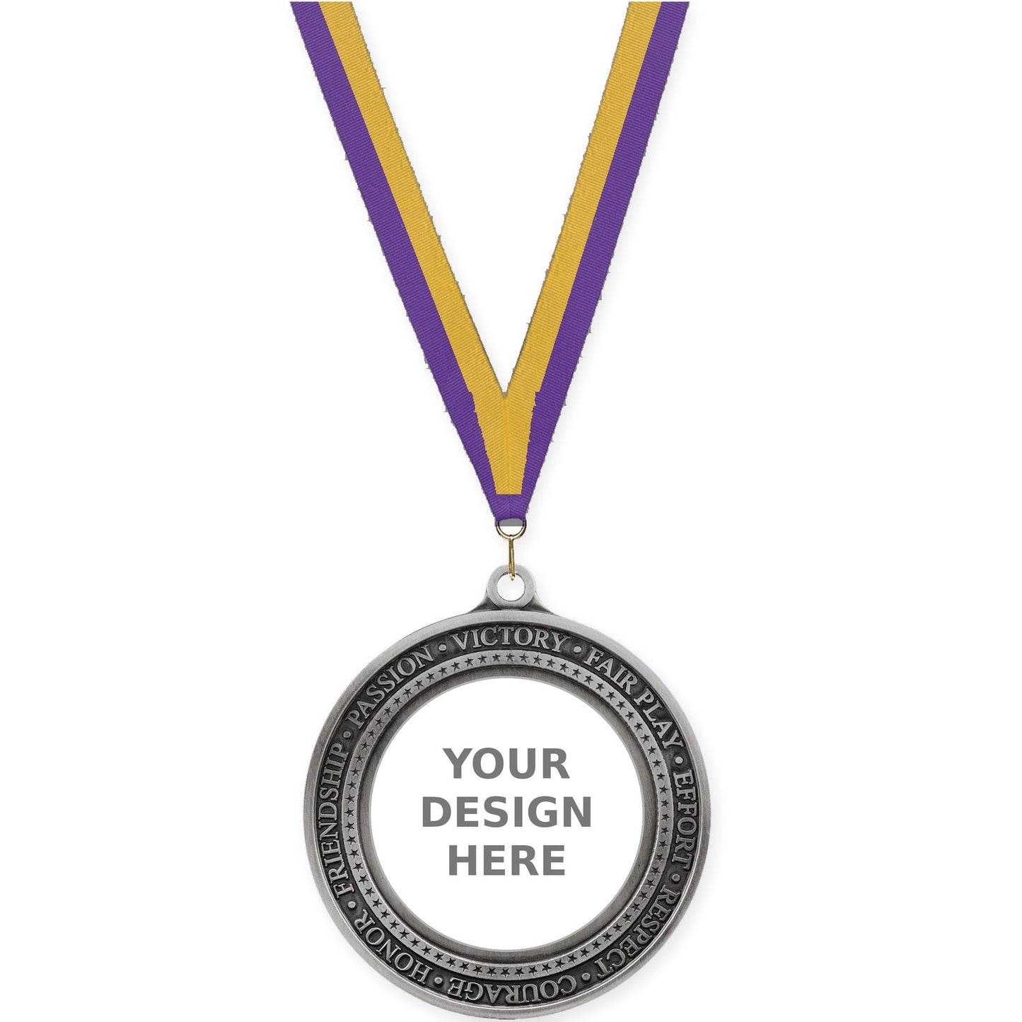 2 3/4 inch Inspiration Ring insert medal in antique silver with Purple Gold neck ribbon