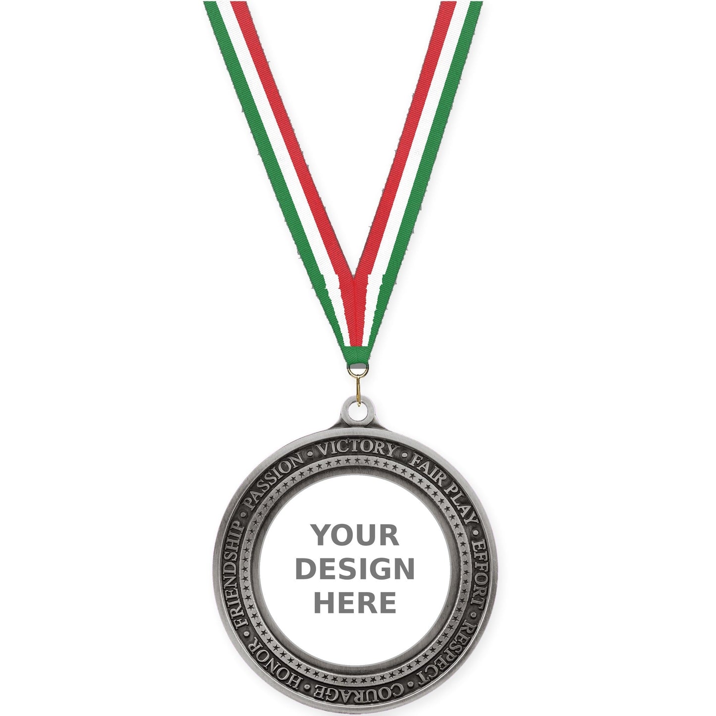 2 3/4 inch Inspiration Ring insert medal in antique silver with Green White Red neck ribbon