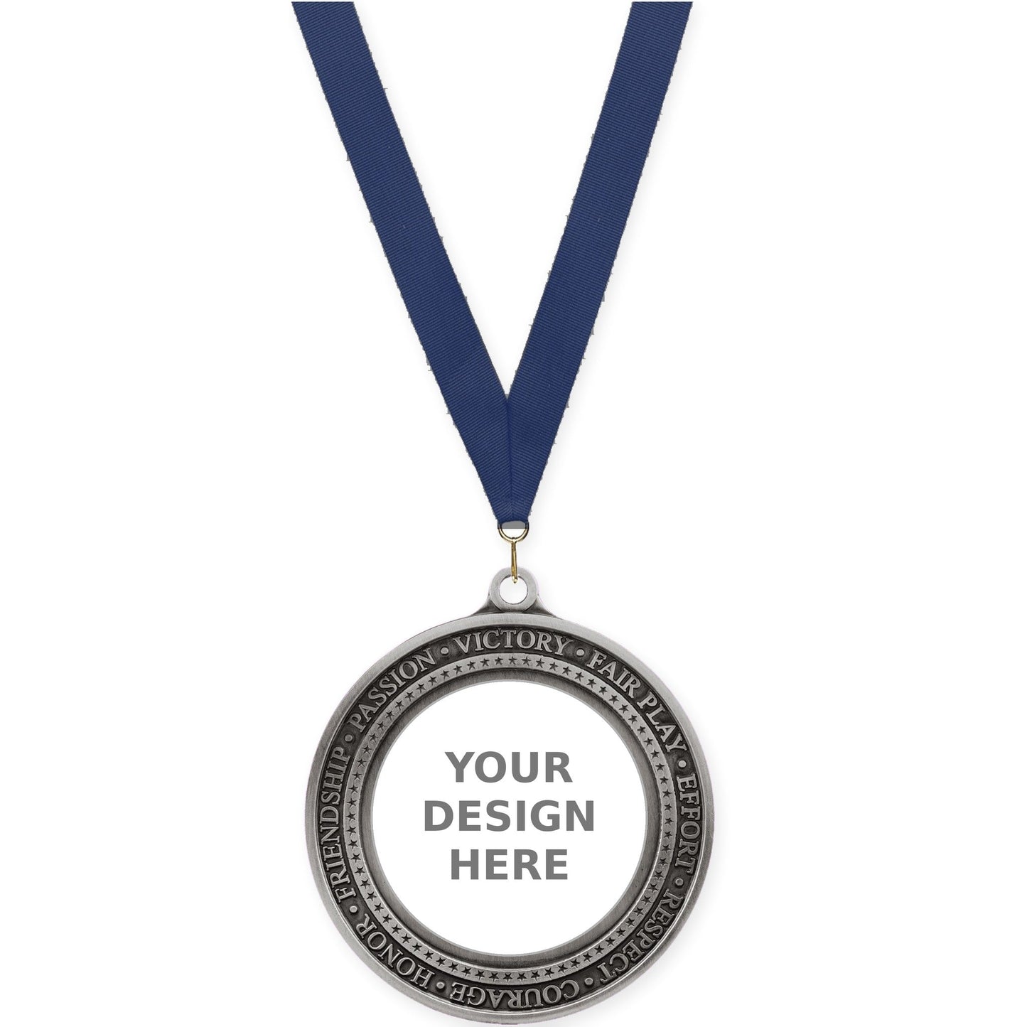 2 3/4 inch Inspiration Ring insert medal in antique silver with Navy neck ribbon