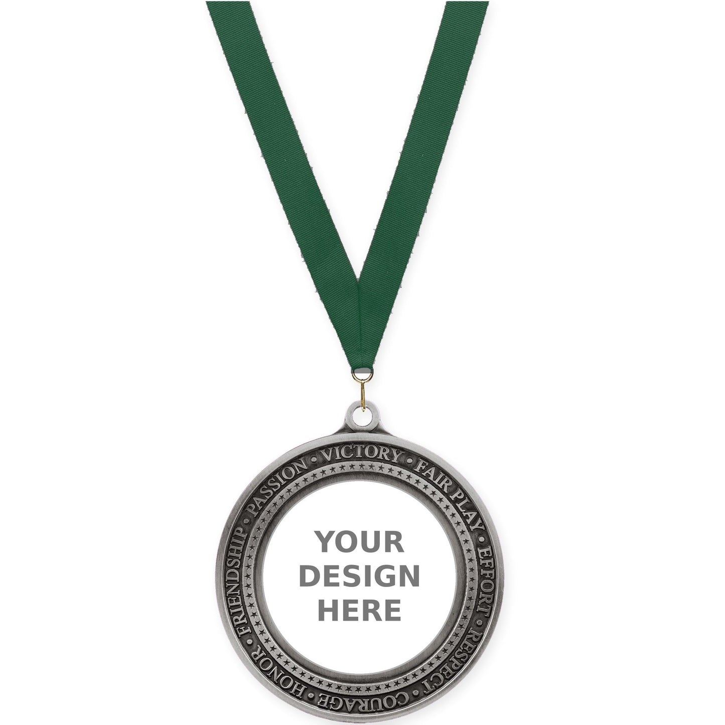 2 3/4 inch Inspiration Ring insert medal in antique silver with Hunter Green neck ribbon