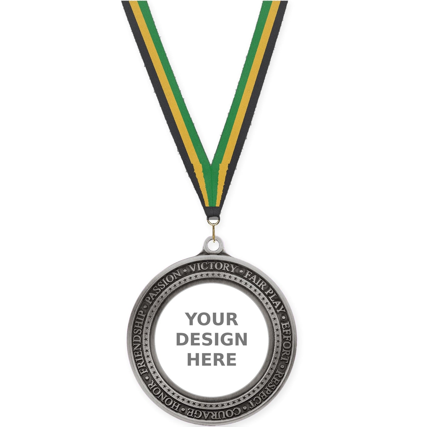 2 3/4 inch Inspiration Ring insert medal in antique silver with Black Gold Green neck ribbon