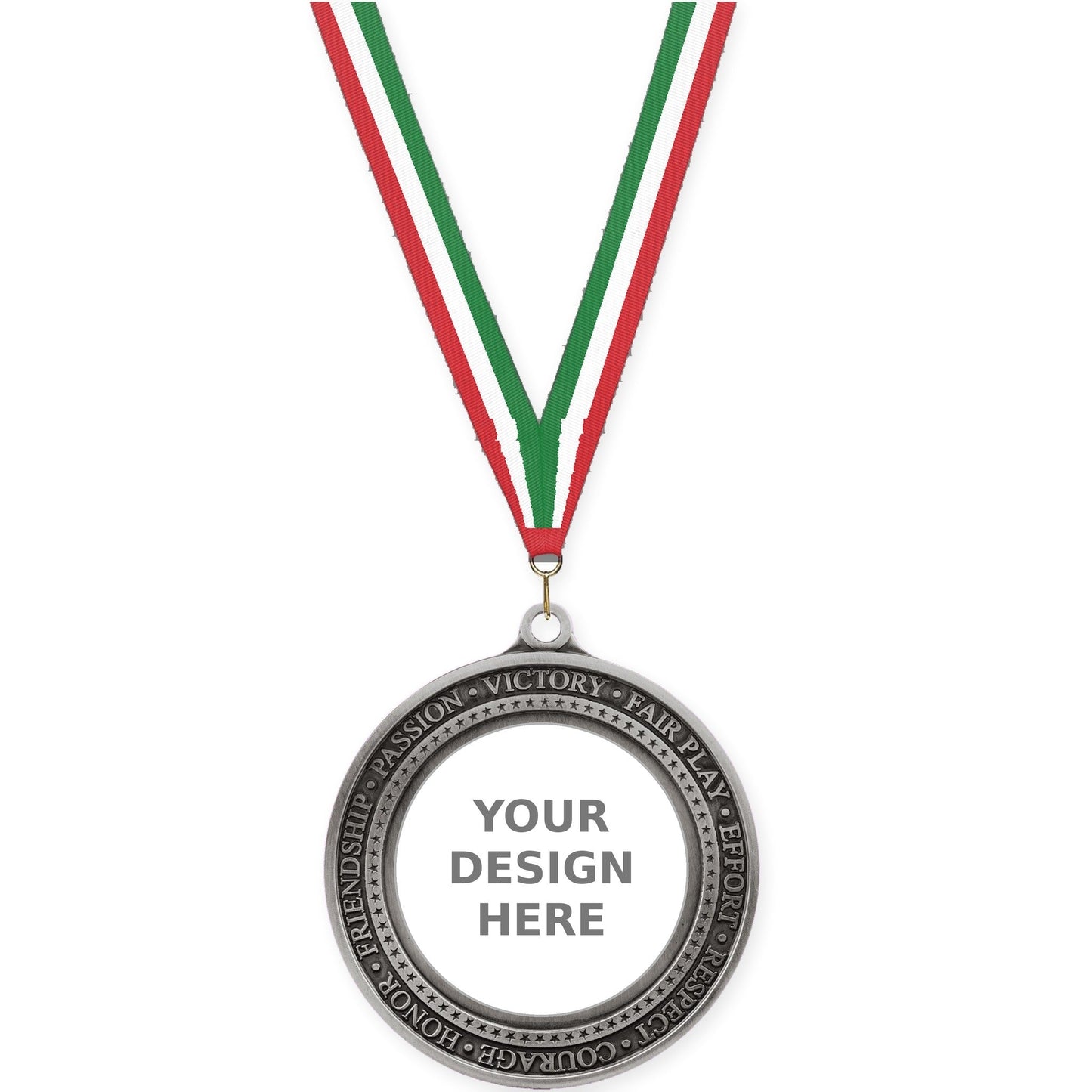 2 3/4 inch Inspiration Ring insert medal in antique silver with Red White Green neck ribbon