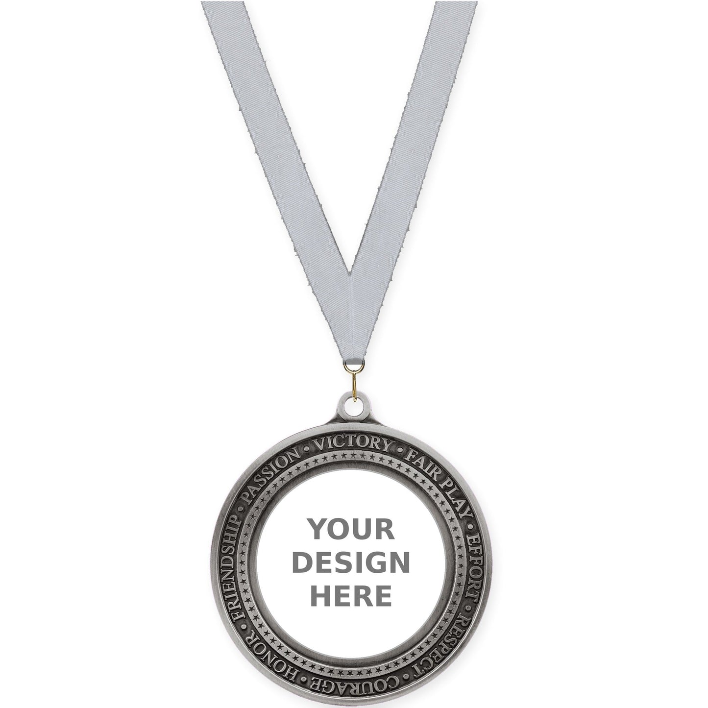 2 3/4 inch Inspiration Ring insert medal in antique silver with Silver Metallic neck ribbon