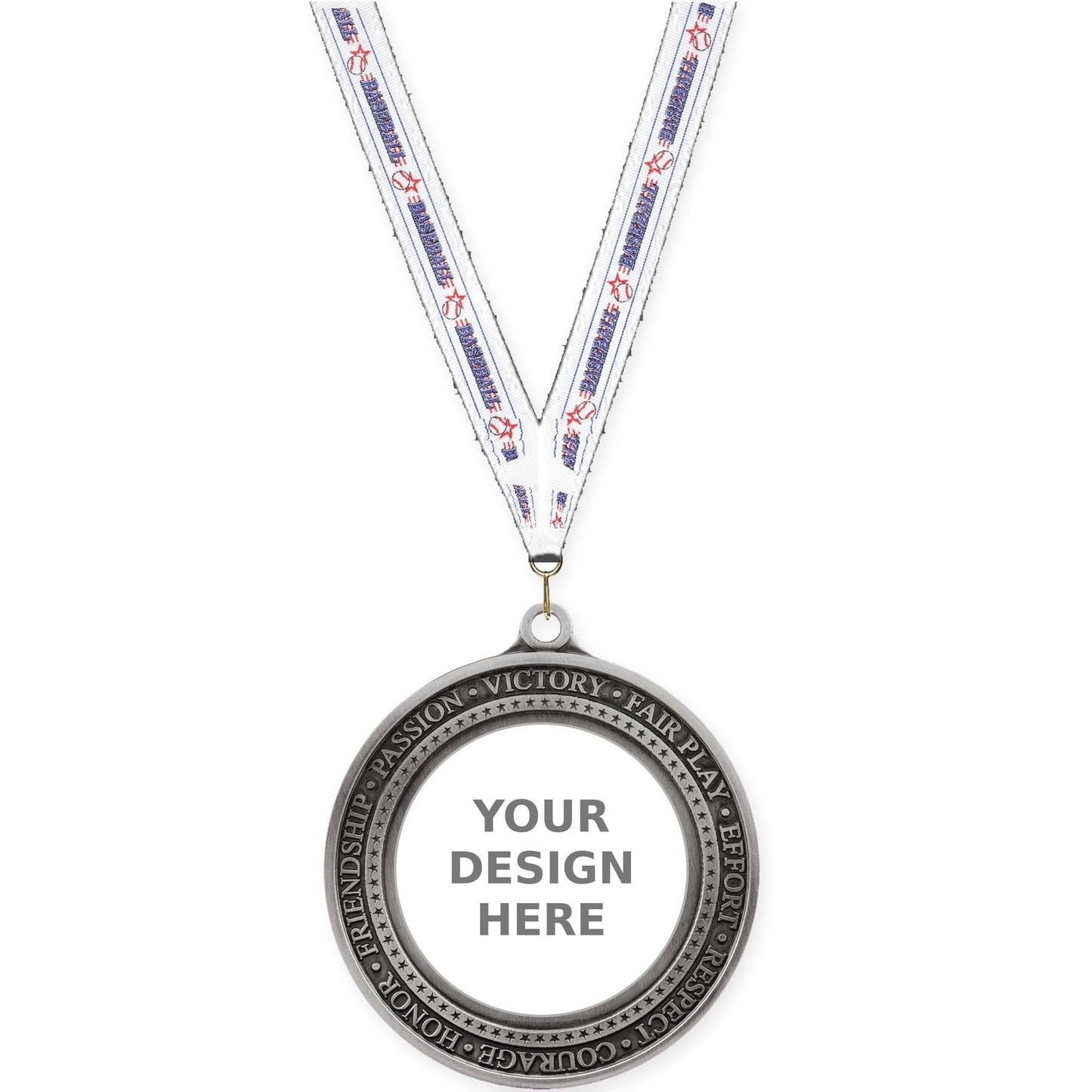 2 3/4 inch Inspiration Ring insert medal in antique silver with Baseball neck ribbon