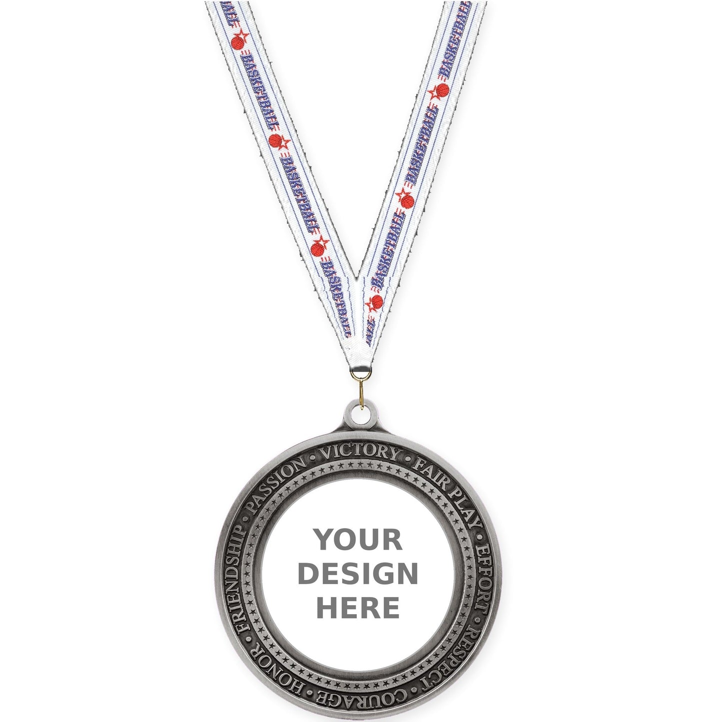 2 3/4 inch Inspiration Ring insert medal in antique silver with Basketball neck ribbon