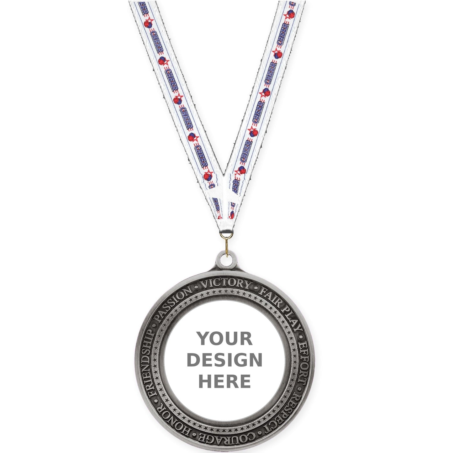 2 3/4 inch Inspiration Ring insert medal in antique silver with Cheerleading neck ribbon