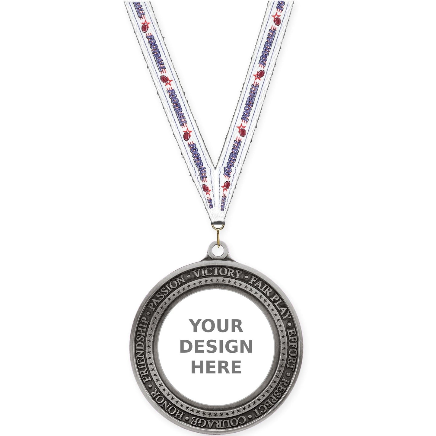 2 3/4 inch Inspiration Ring insert medal in antique silver with Football neck ribbon