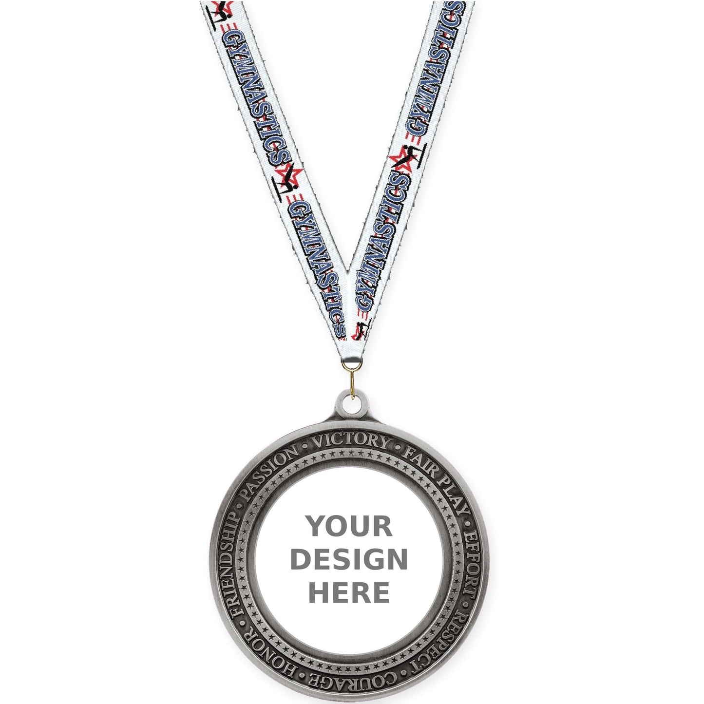 2 3/4 inch Inspiration Ring insert medal in antique silver with Gymnastics neck ribbon