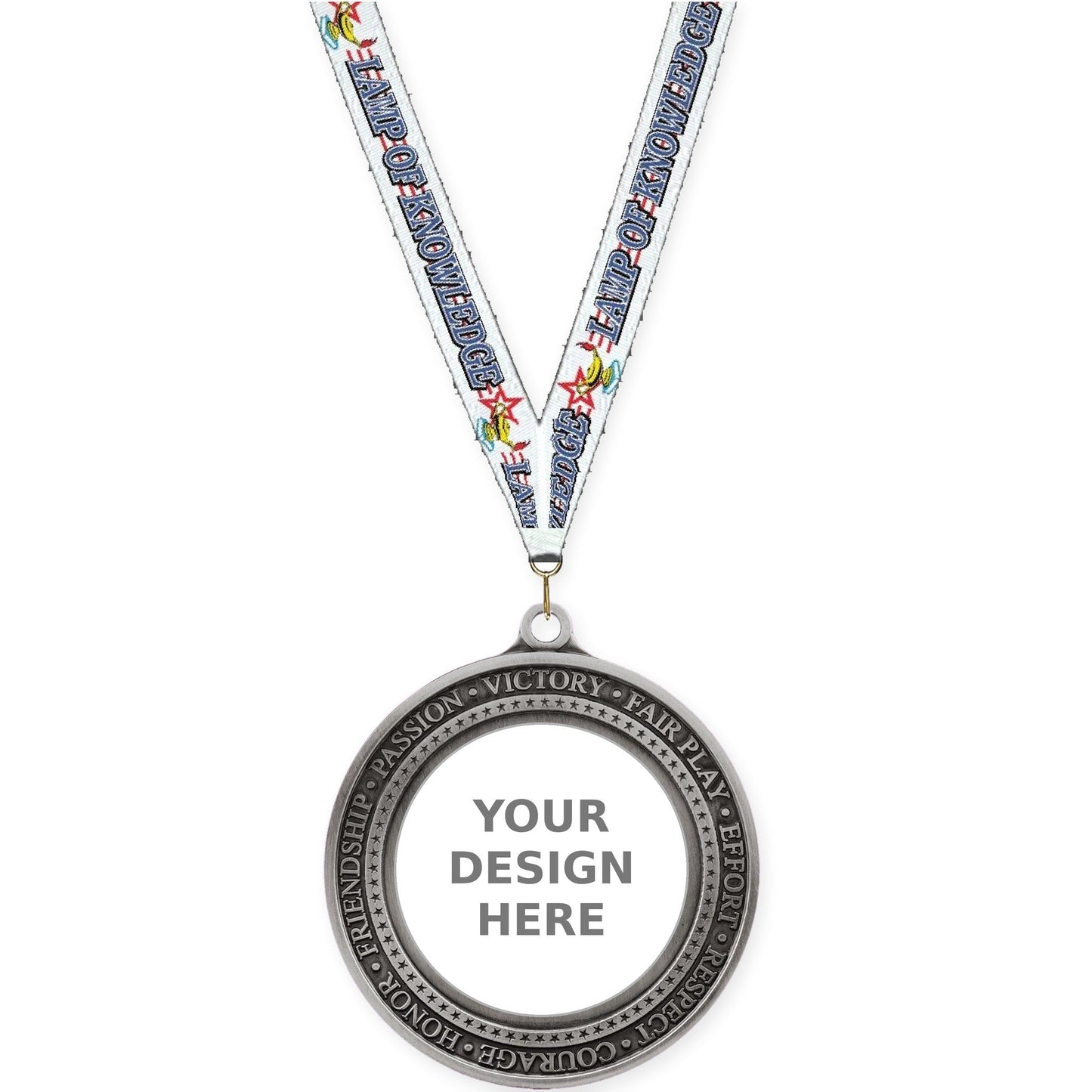 2 3/4 inch Inspiration Ring insert medal in antique silver with Lamp Of Knowledge neck ribbon