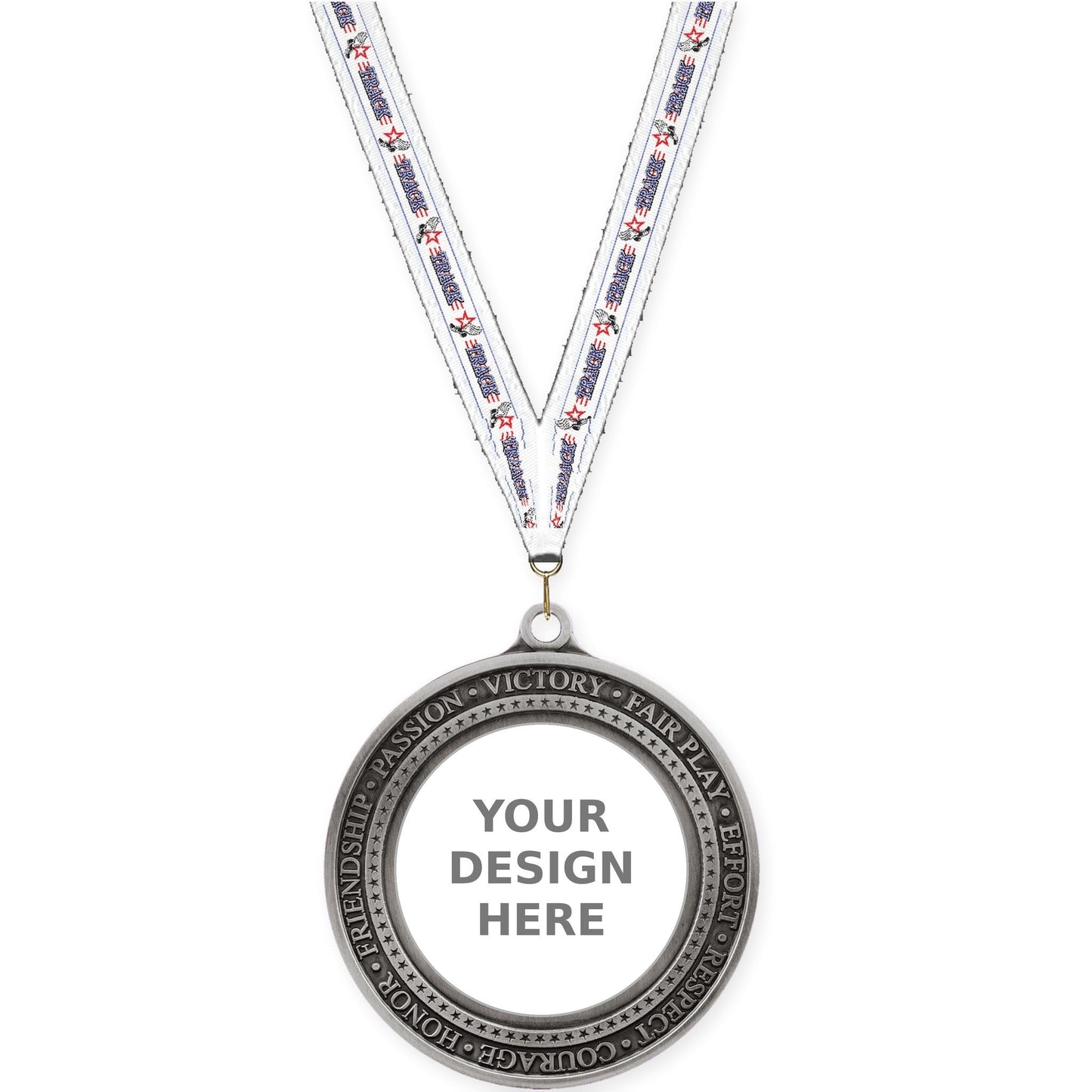 2 3/4 inch Inspiration Ring insert medal in antique silver with Track neck ribbon
