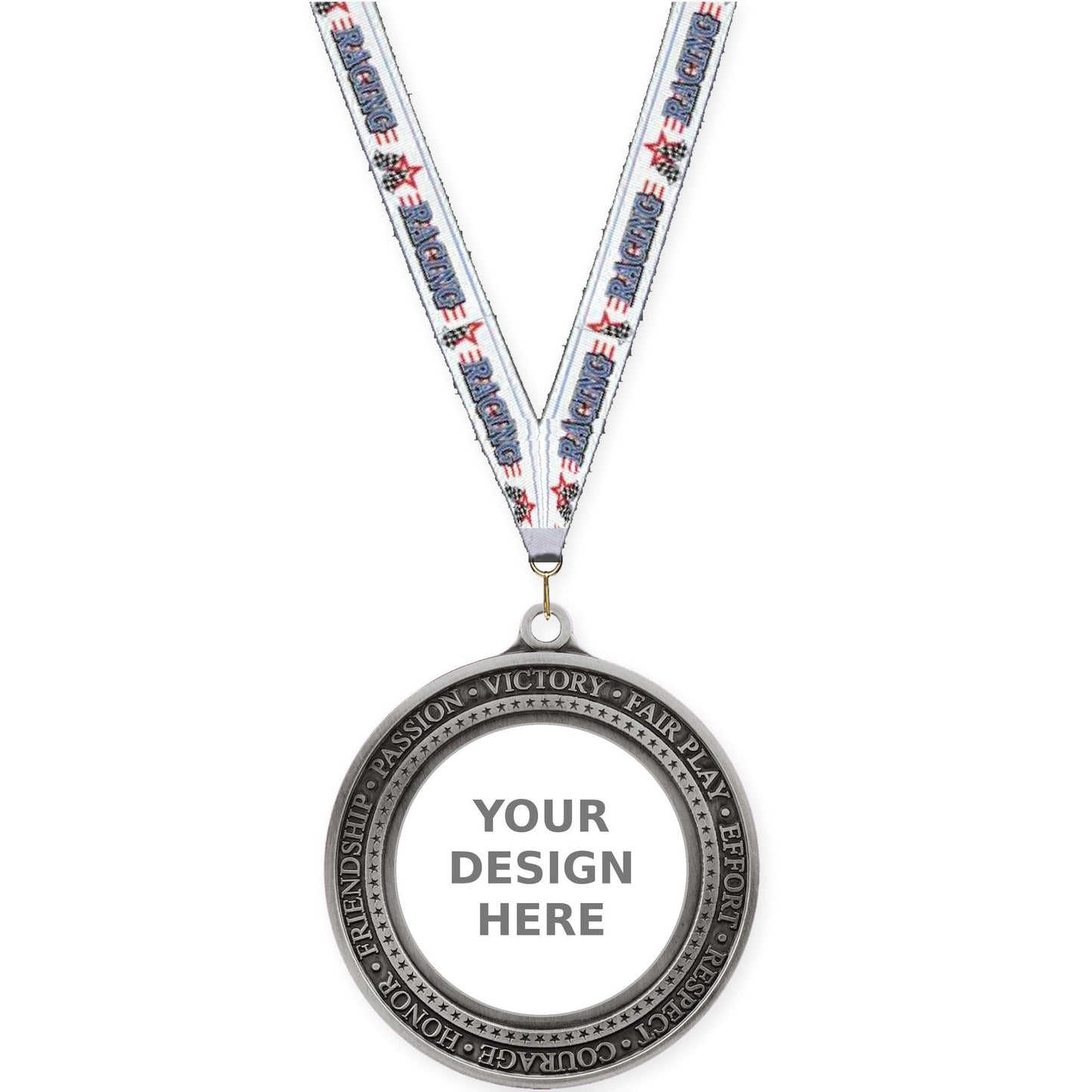 2 3/4 inch Inspiration Ring insert medal in antique silver with Auto Racing neck ribbon