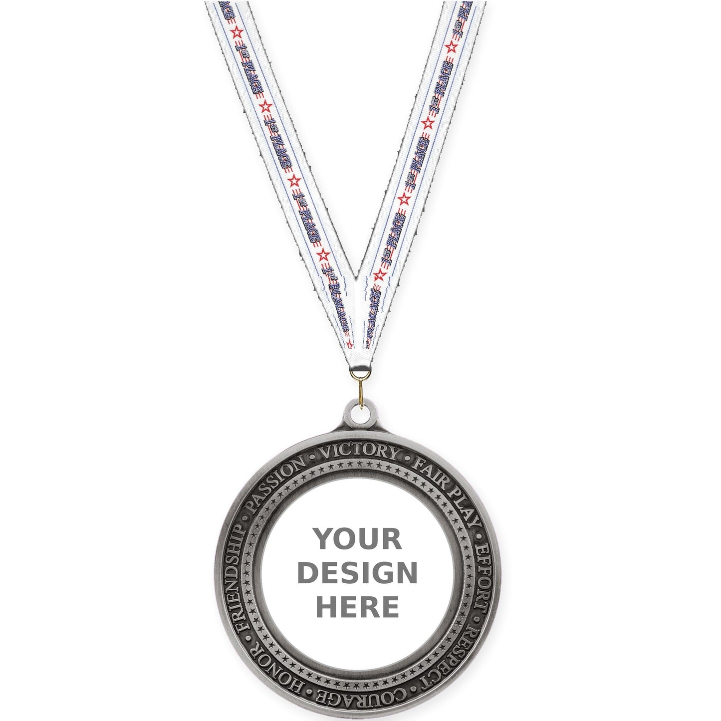 2 3/4 inch Inspiration Ring insert medal in antique silver with 1st Place neck ribbon