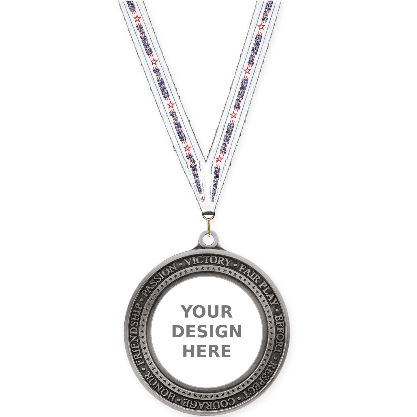 2 3/4 inch Inspiration Ring insert medal in antique silver with 2nd Place neck ribbon