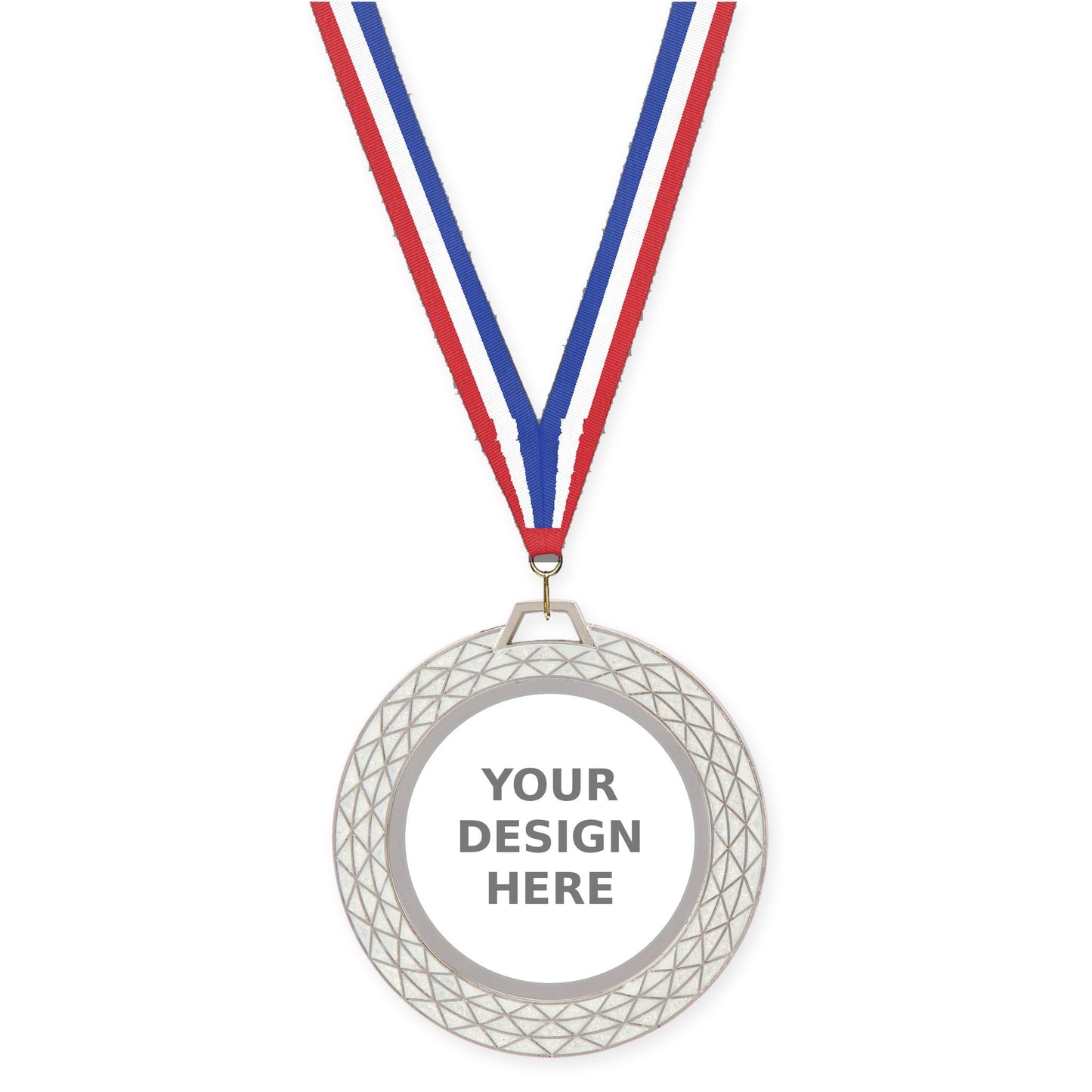 2 3/4 inch Bling insert medal in white with Red White Blue neck ribbon