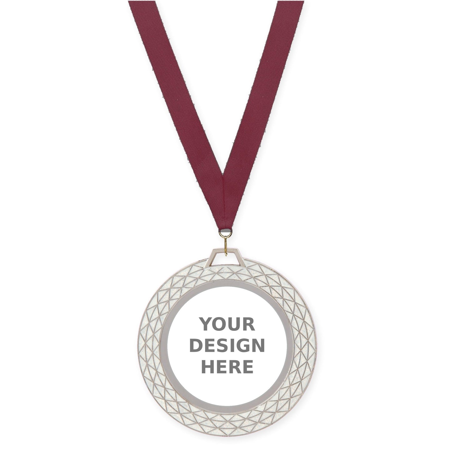 2 3/4 inch Bling insert medal in white with Maroon neck ribbon