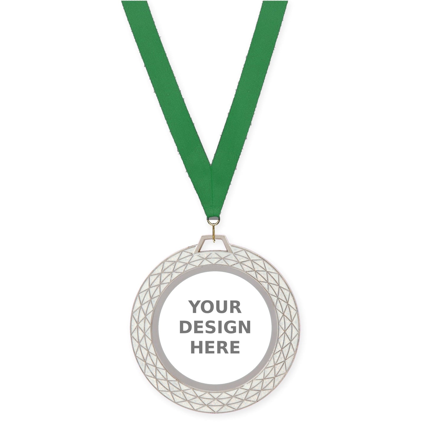 2 3/4 inch Bling insert medal in white with Green neck ribbon