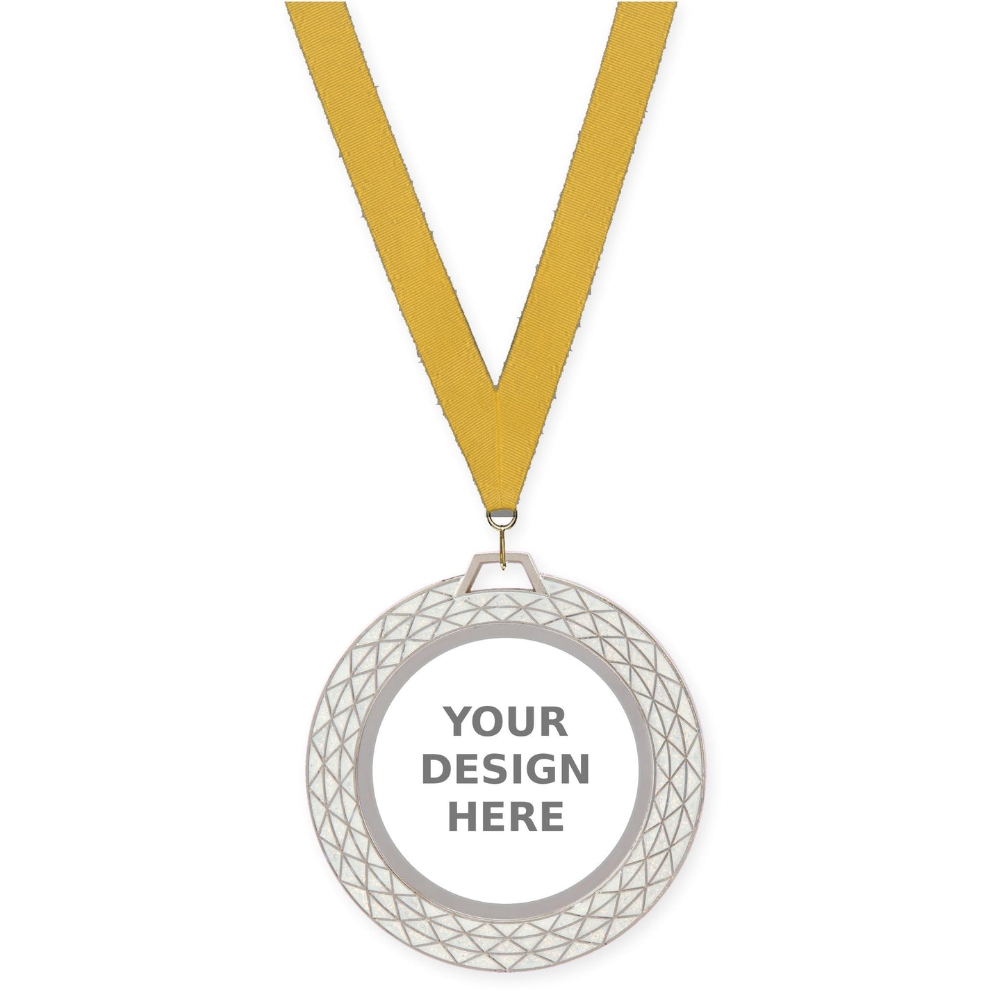 2 3/4 inch Bling insert medal in white with Gold neck ribbon