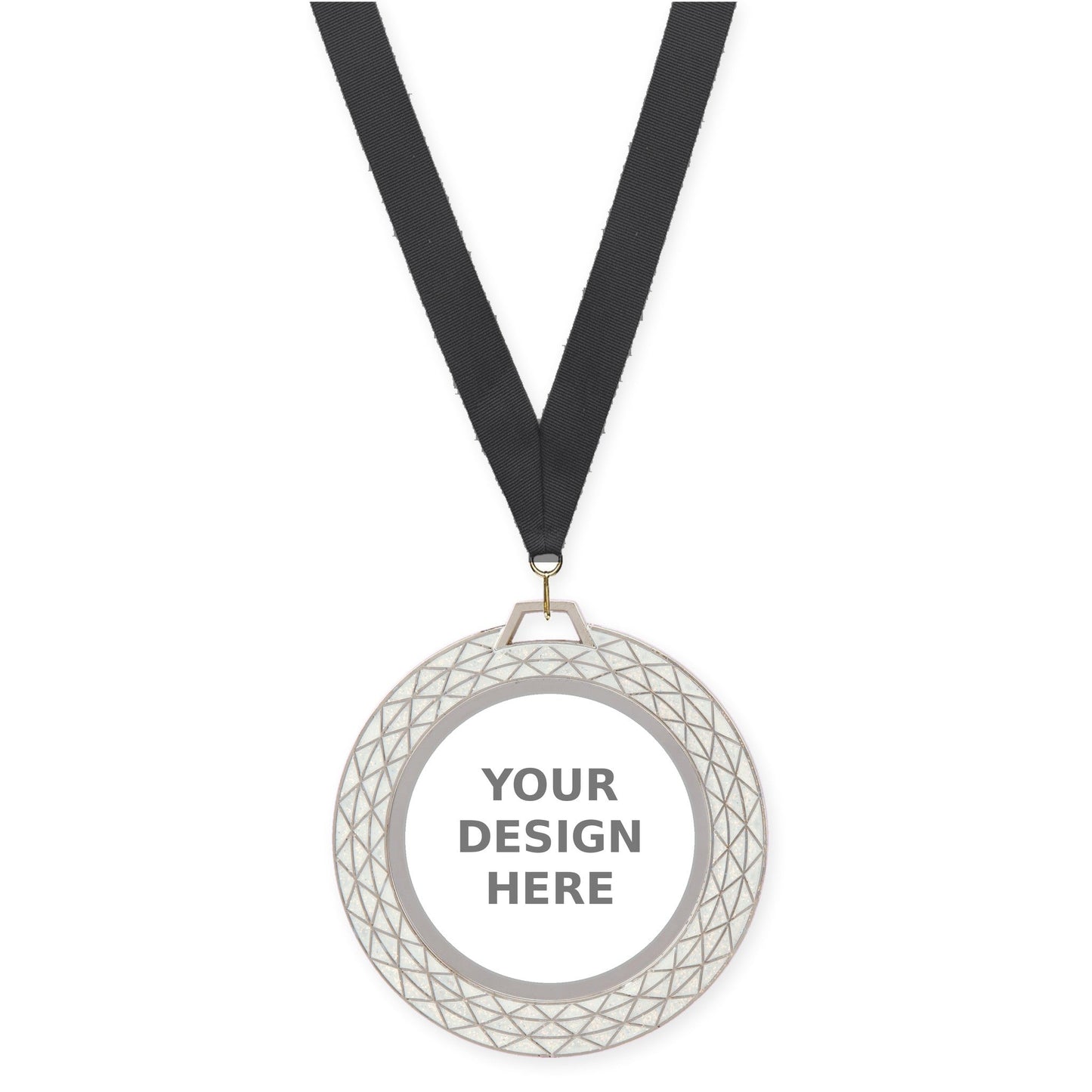 2 3/4 inch Bling insert medal in white with Black neck ribbon