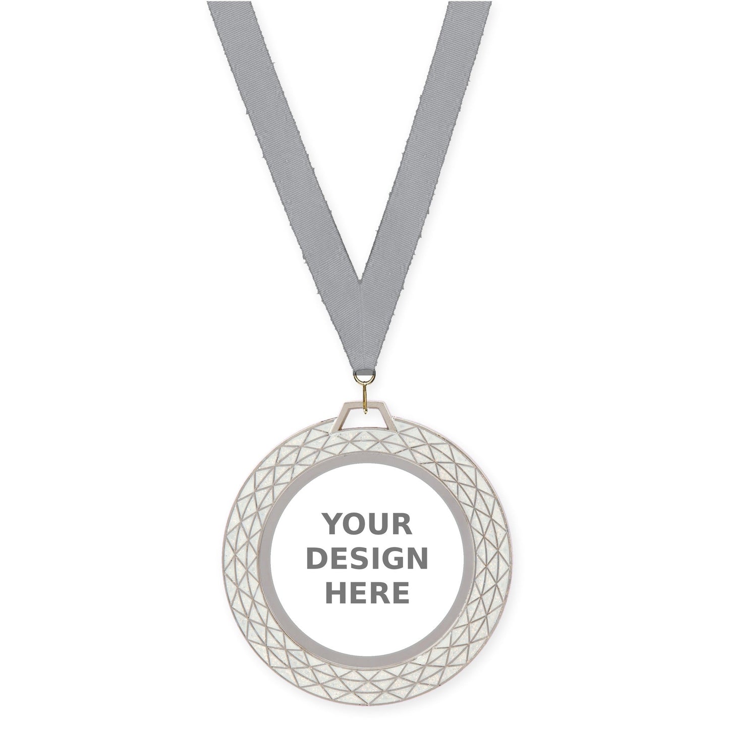 2 3/4 inch Bling insert medal in white with Gray neck ribbon