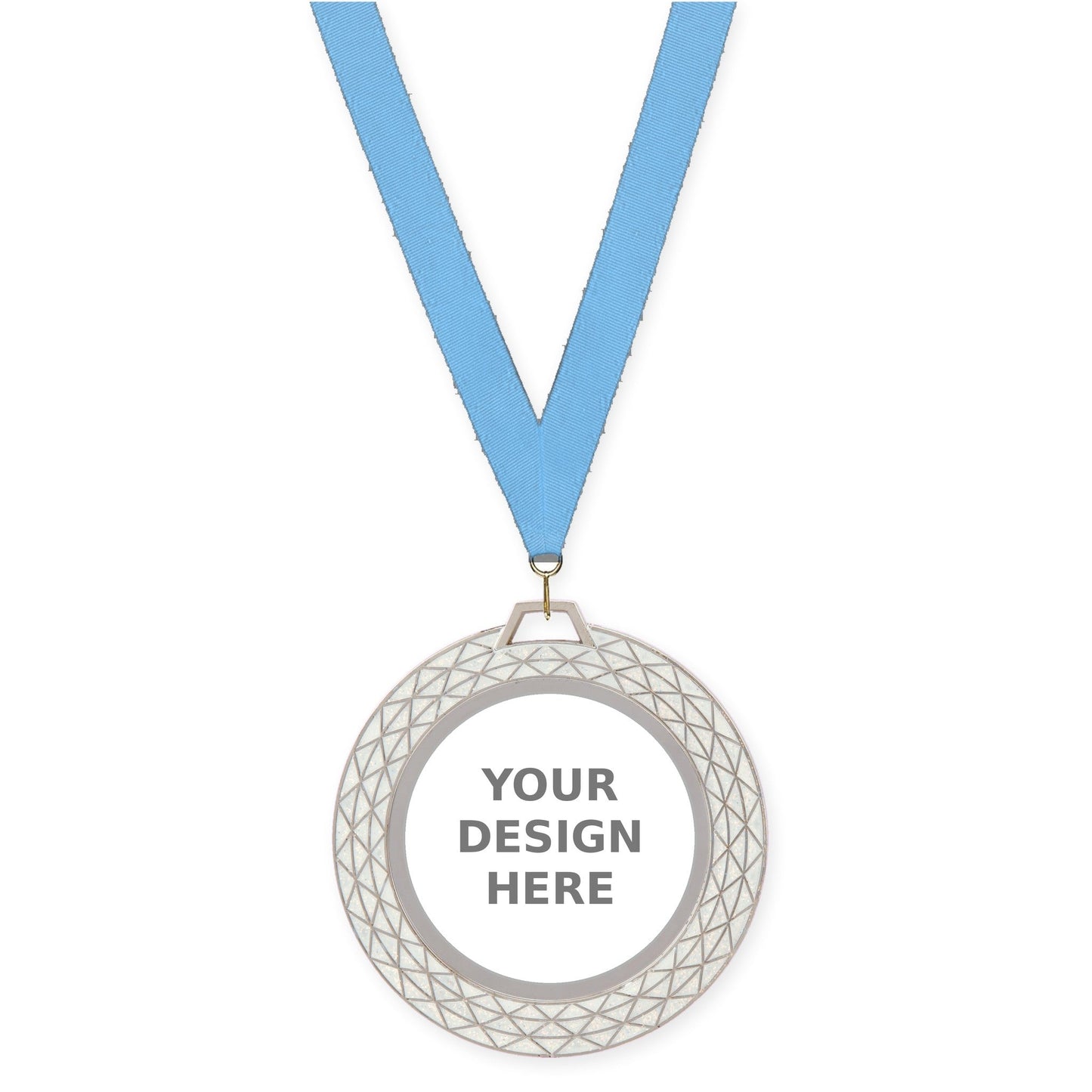 2 3/4 inch Bling insert medal in white with Light Blue neck ribbon