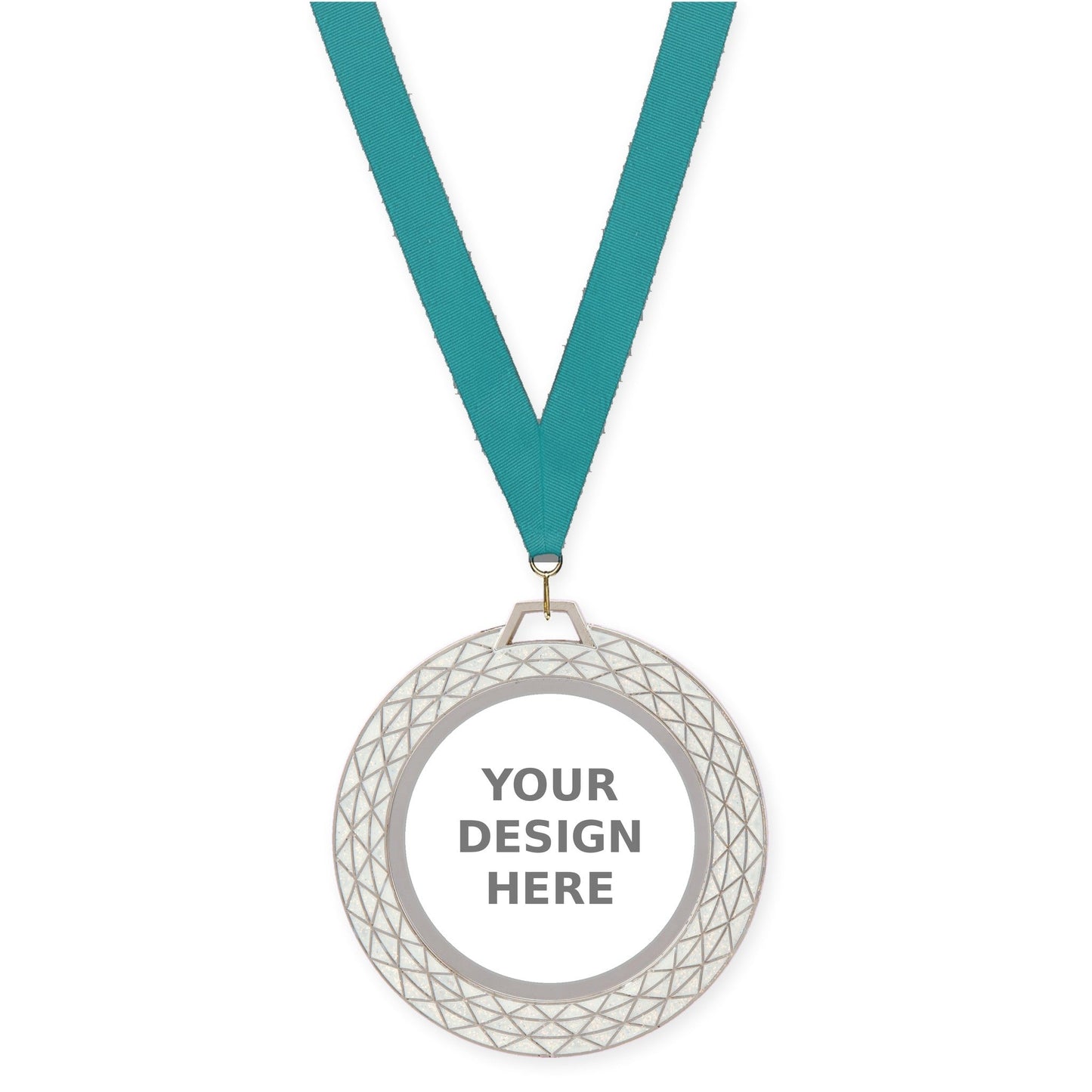 2 3/4 inch Bling insert medal in white with Teal neck ribbon