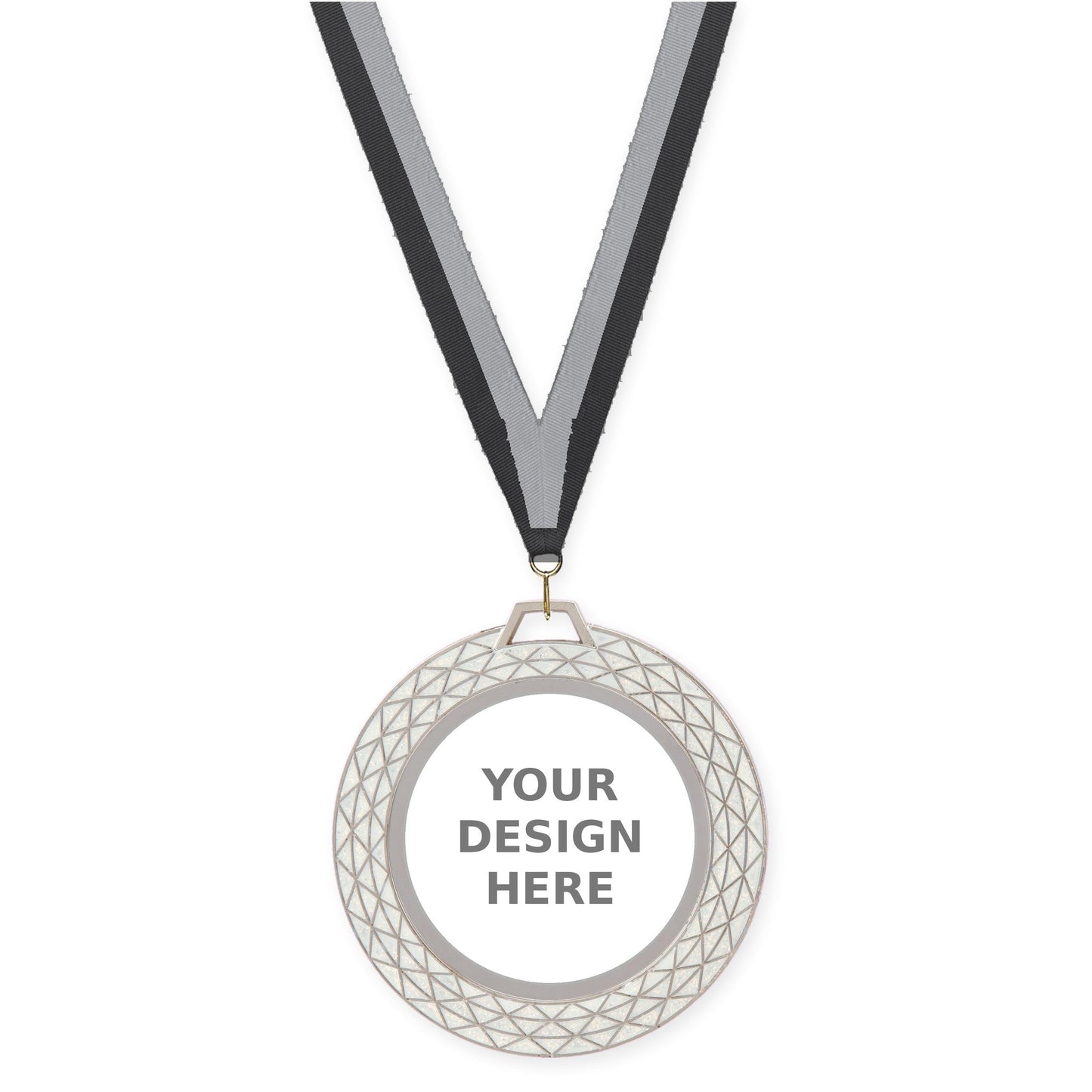 2 3/4 inch Bling insert medal in white with Black Gray neck ribbon