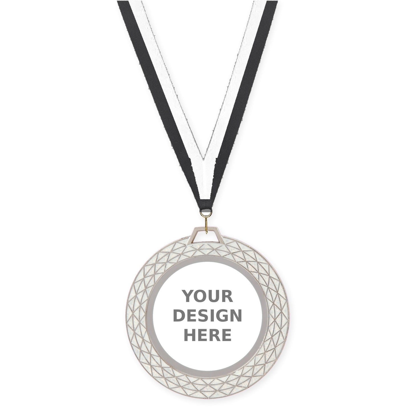 2 3/4 inch Bling insert medal in white with Black White neck ribbon