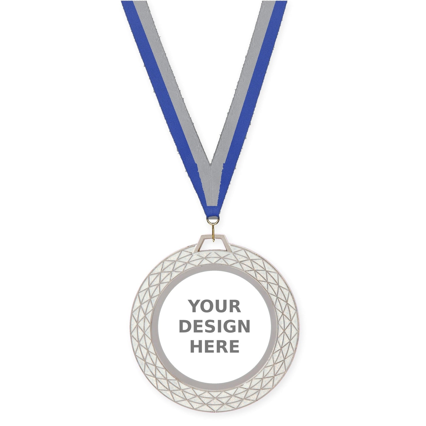 2 3/4 inch Bling insert medal in white with Blue Gray neck ribbon