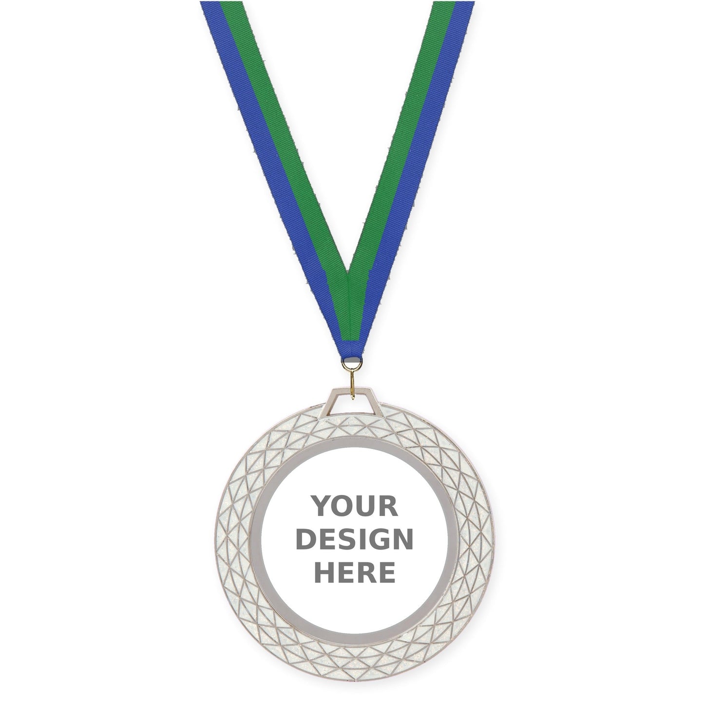 2 3/4 inch Bling insert medal in white with Blue Green neck ribbon