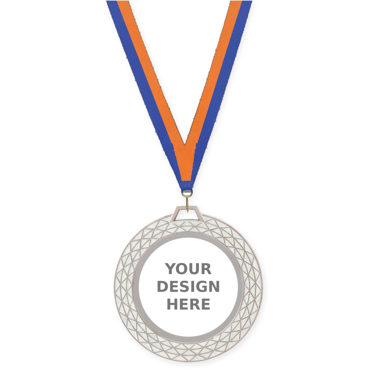 2 3/4 inch Bling insert medal in white with Blue Orange neck ribbon