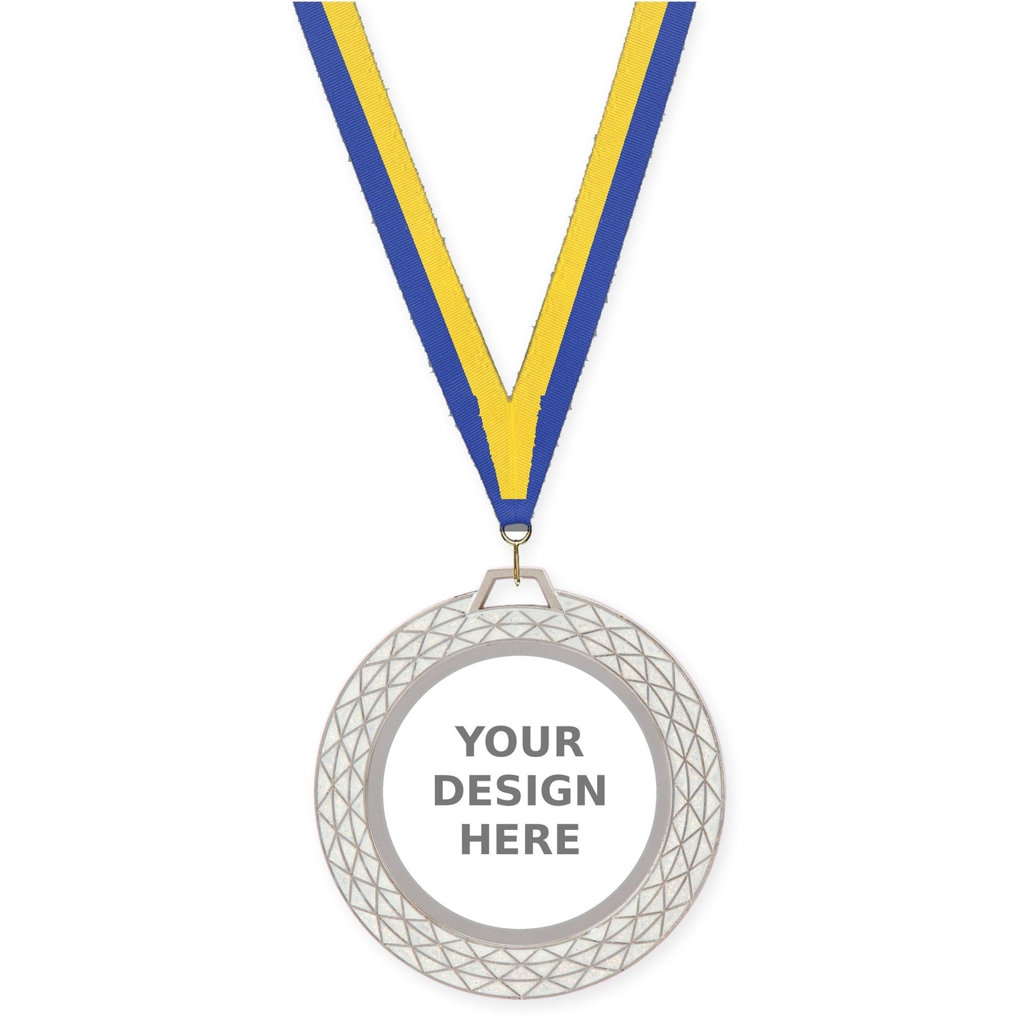 2 3/4 inch Bling insert medal in white with Blue Yellow neck ribbon