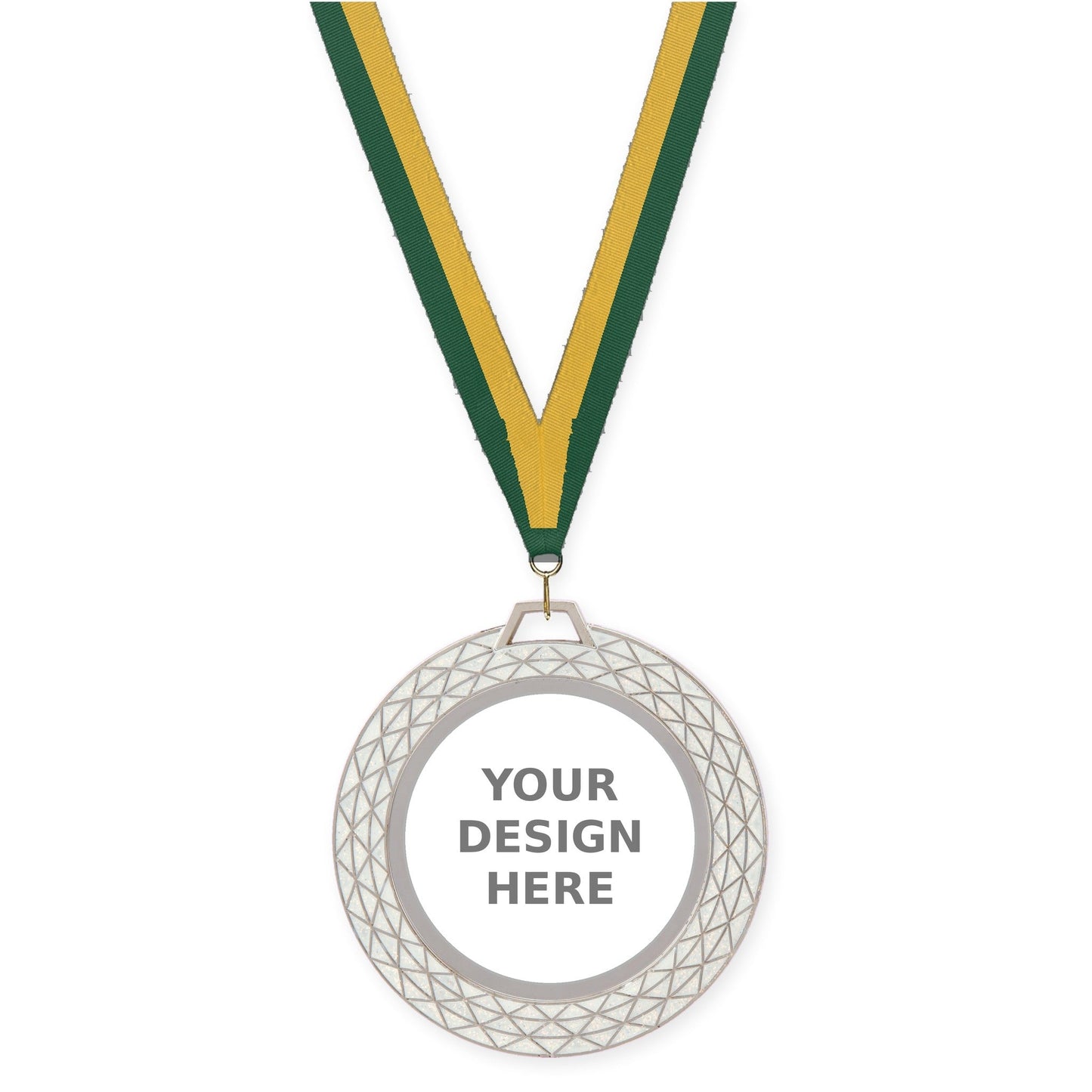 2 3/4 inch Bling insert medal in white with Hunter Green Gold neck ribbon