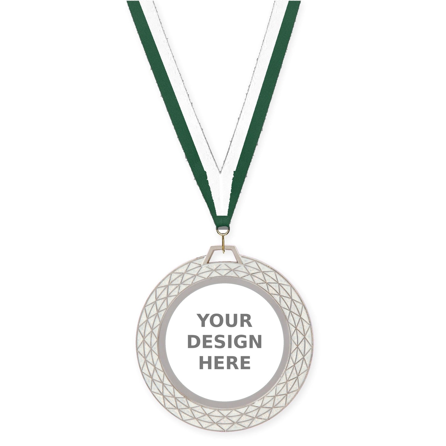 2 3/4 inch Bling insert medal in white with Hunter Green White neck ribbon
