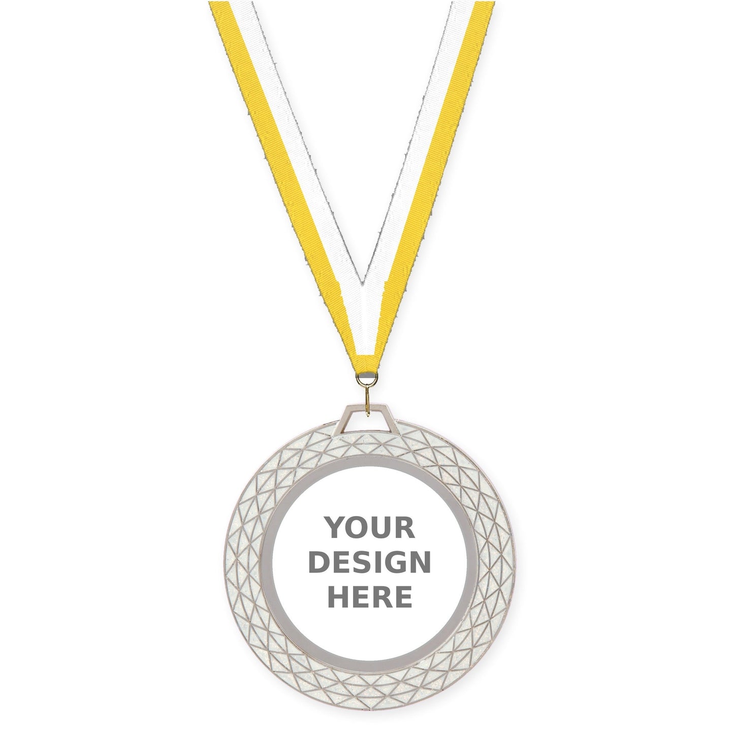2 3/4 inch Bling insert medal in white with Yellow White neck ribbon