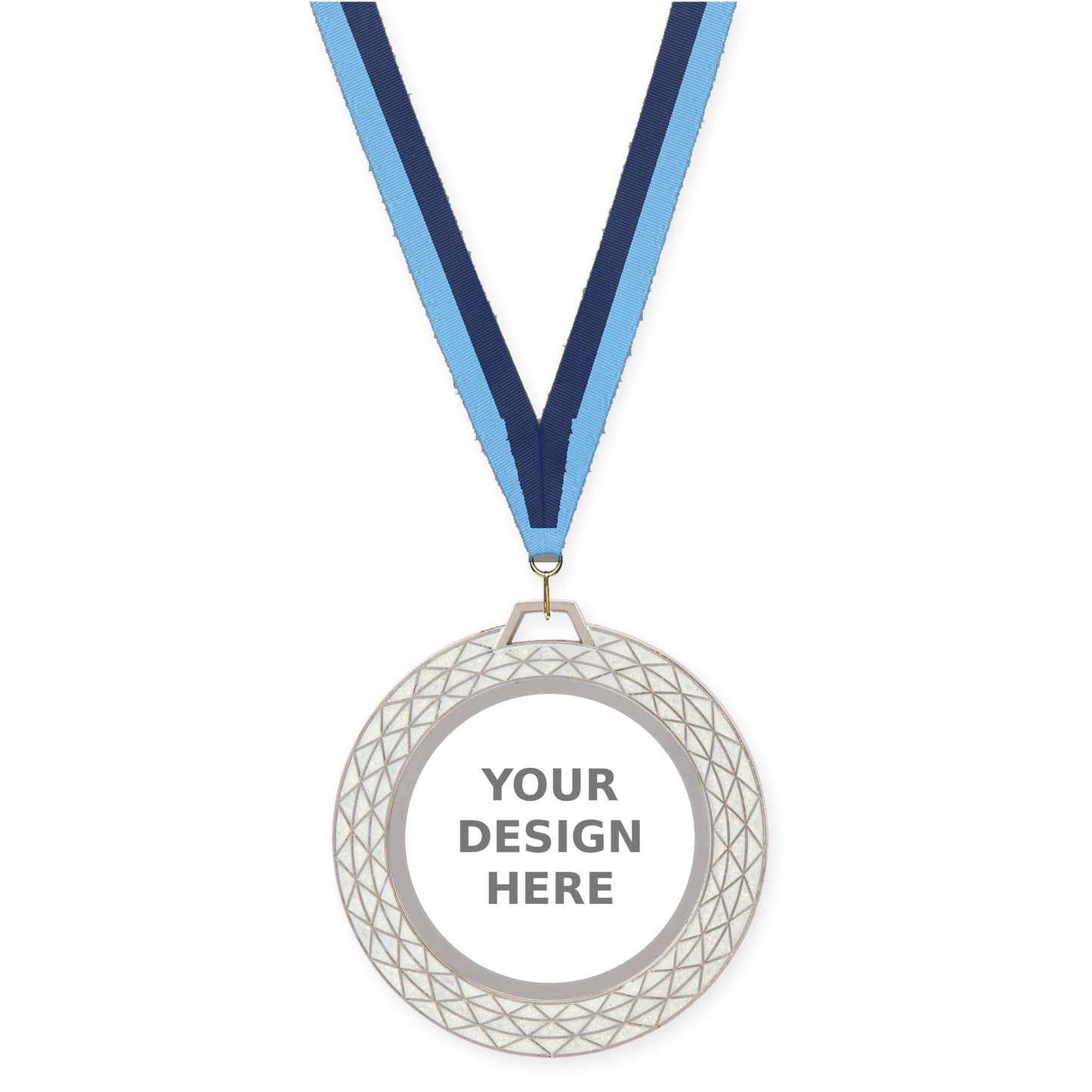 2 3/4 inch Bling insert medal in white with Light Blue Navy neck ribbon