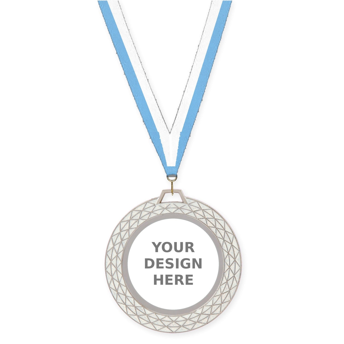 2 3/4 inch Bling insert medal in white with Light Blue White neck ribbon
