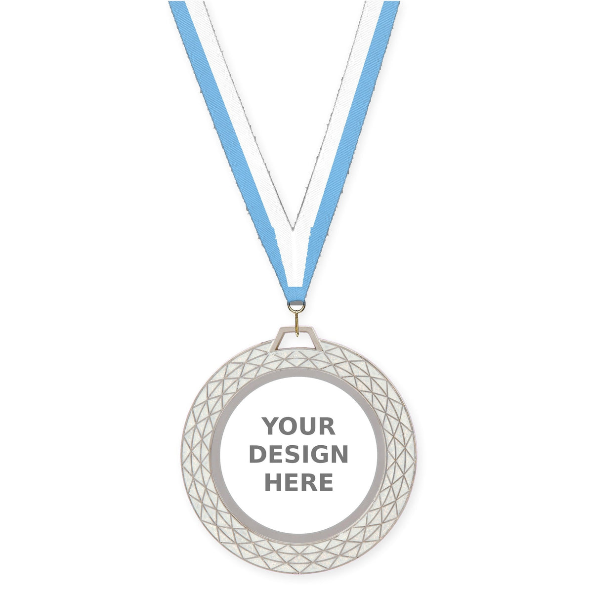 2 3/4 inch Bling insert medal in white with Light Blue White neck ribbon