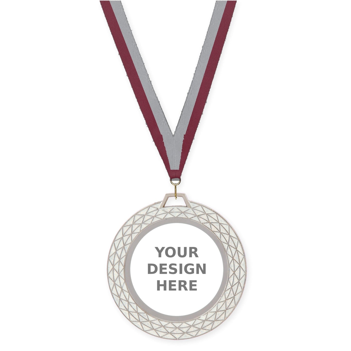 2 3/4 inch Bling insert medal in white with Maroon Gray neck ribbon