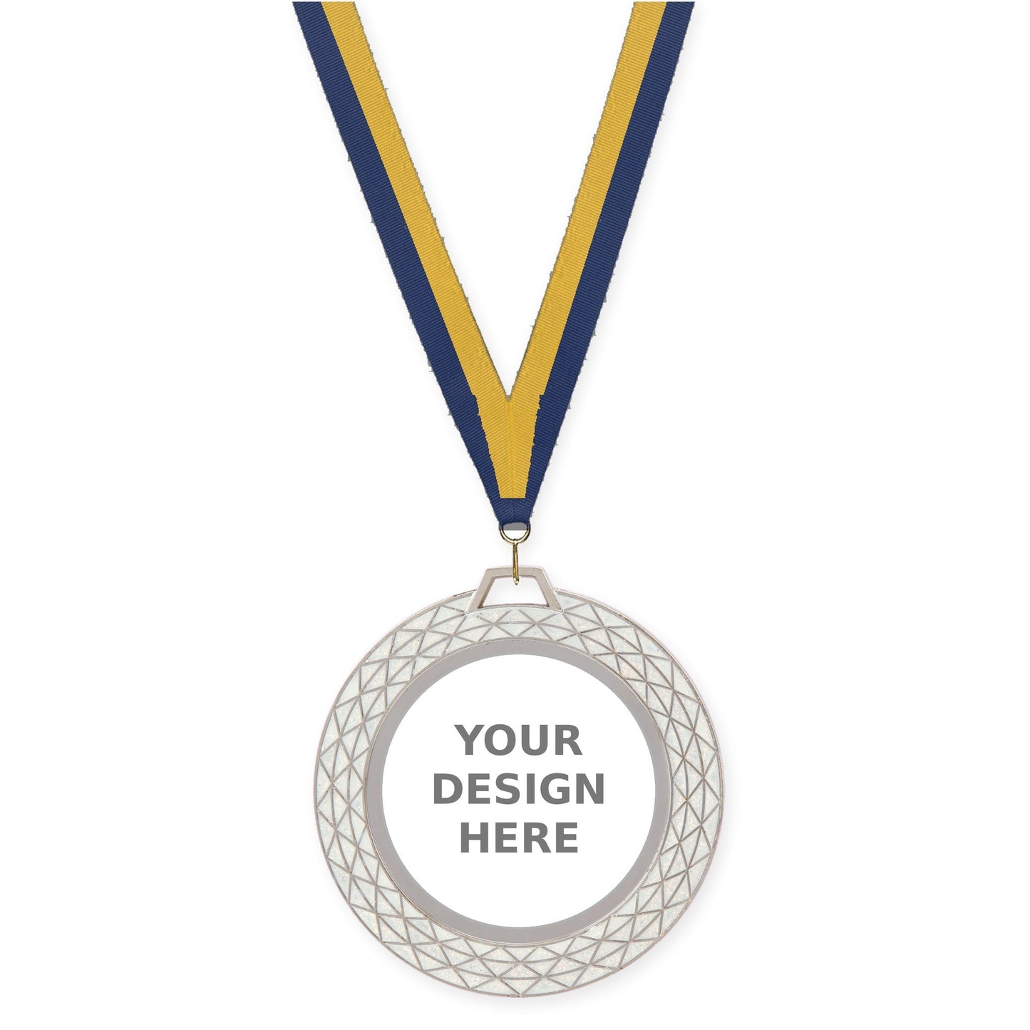 2 3/4 inch Bling insert medal in white with Navy Gold neck ribbon