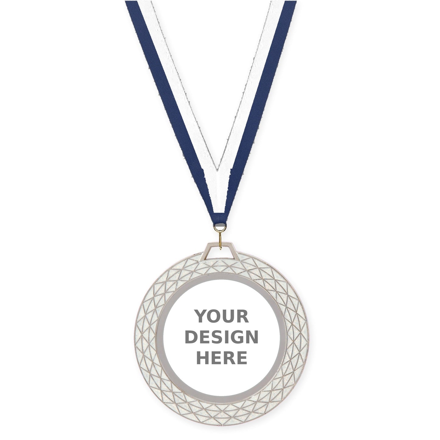 2 3/4 inch Bling insert medal in white with Navy White neck ribbon