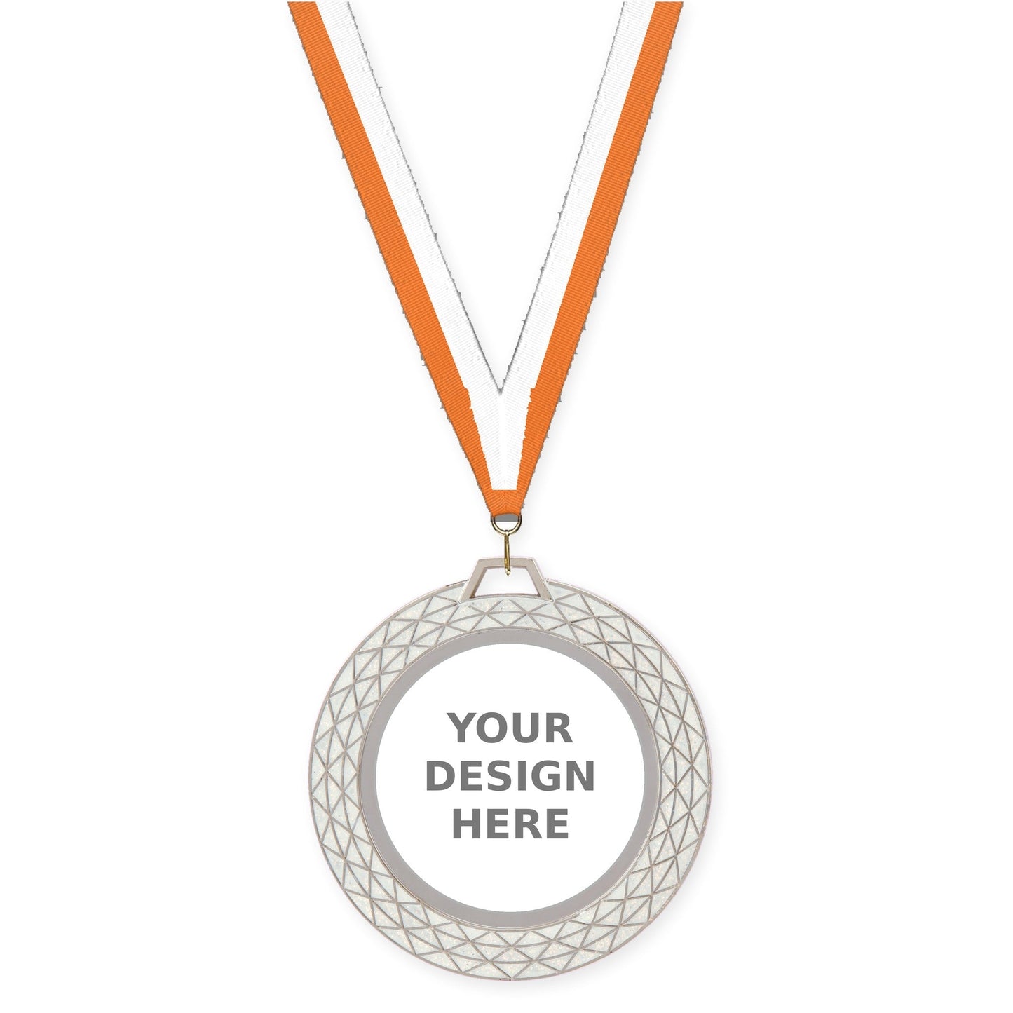 2 3/4 inch Bling insert medal in white with Orange White neck ribbon
