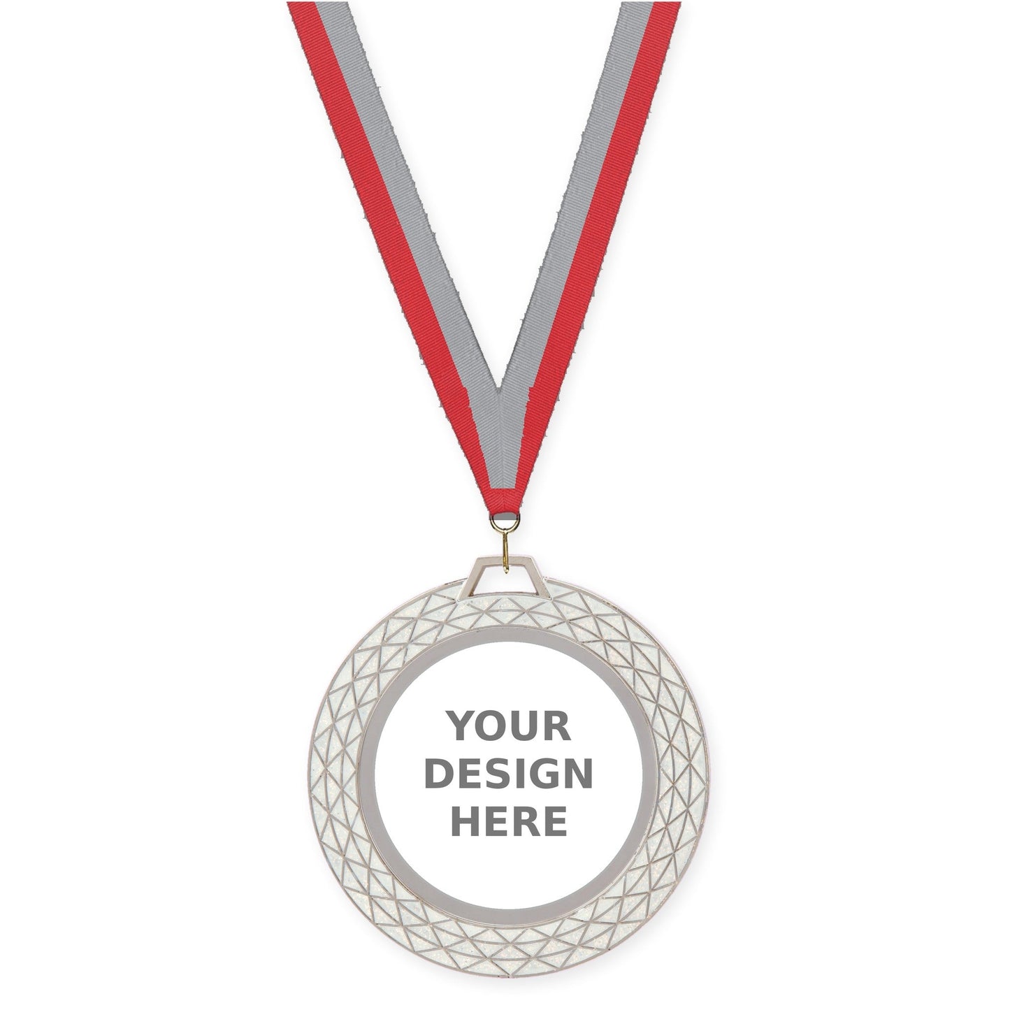 2 3/4 inch Bling insert medal in white with Red Gray neck ribbon