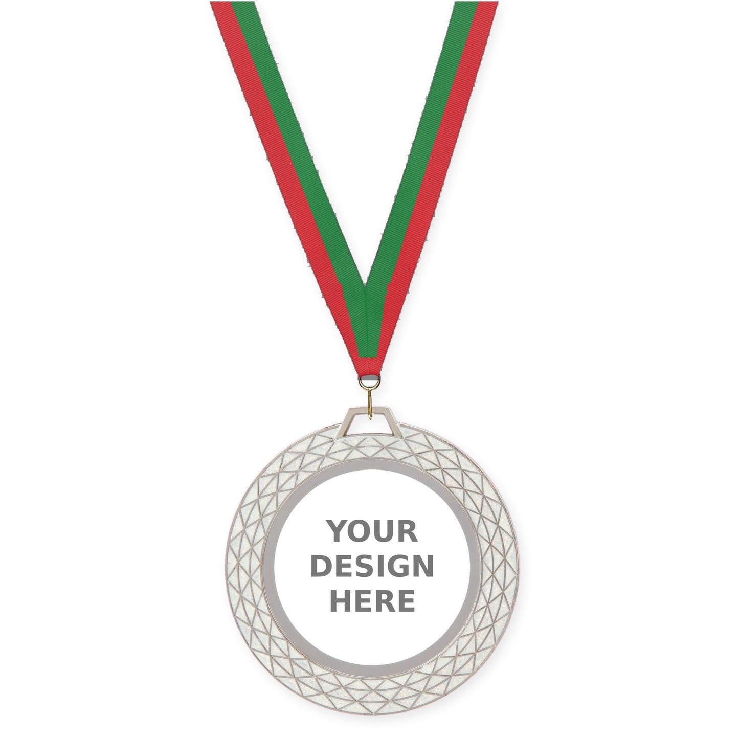 2 3/4 inch Bling insert medal in white with Red Green neck ribbon