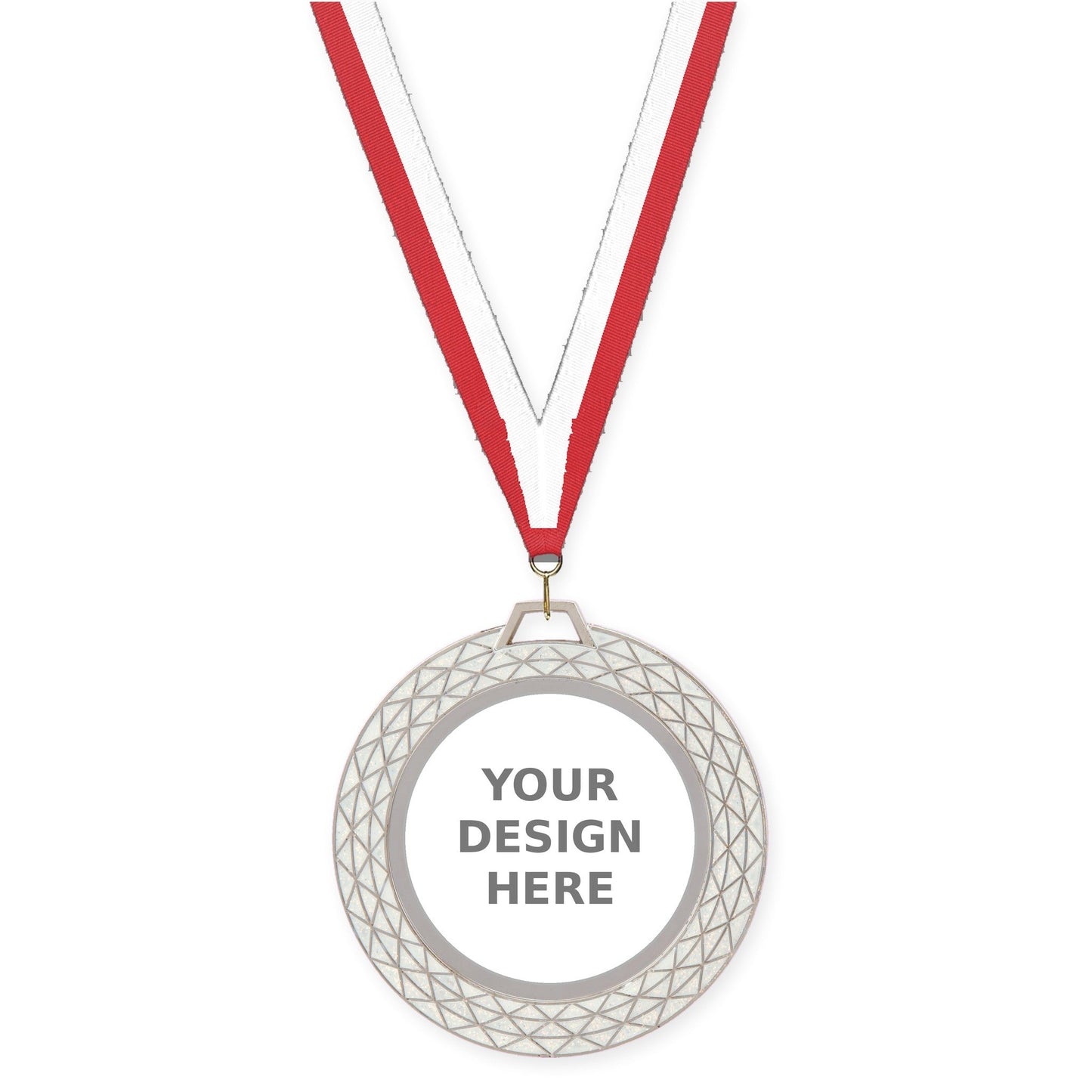2 3/4 inch Bling insert medal in white with Red White neck ribbon