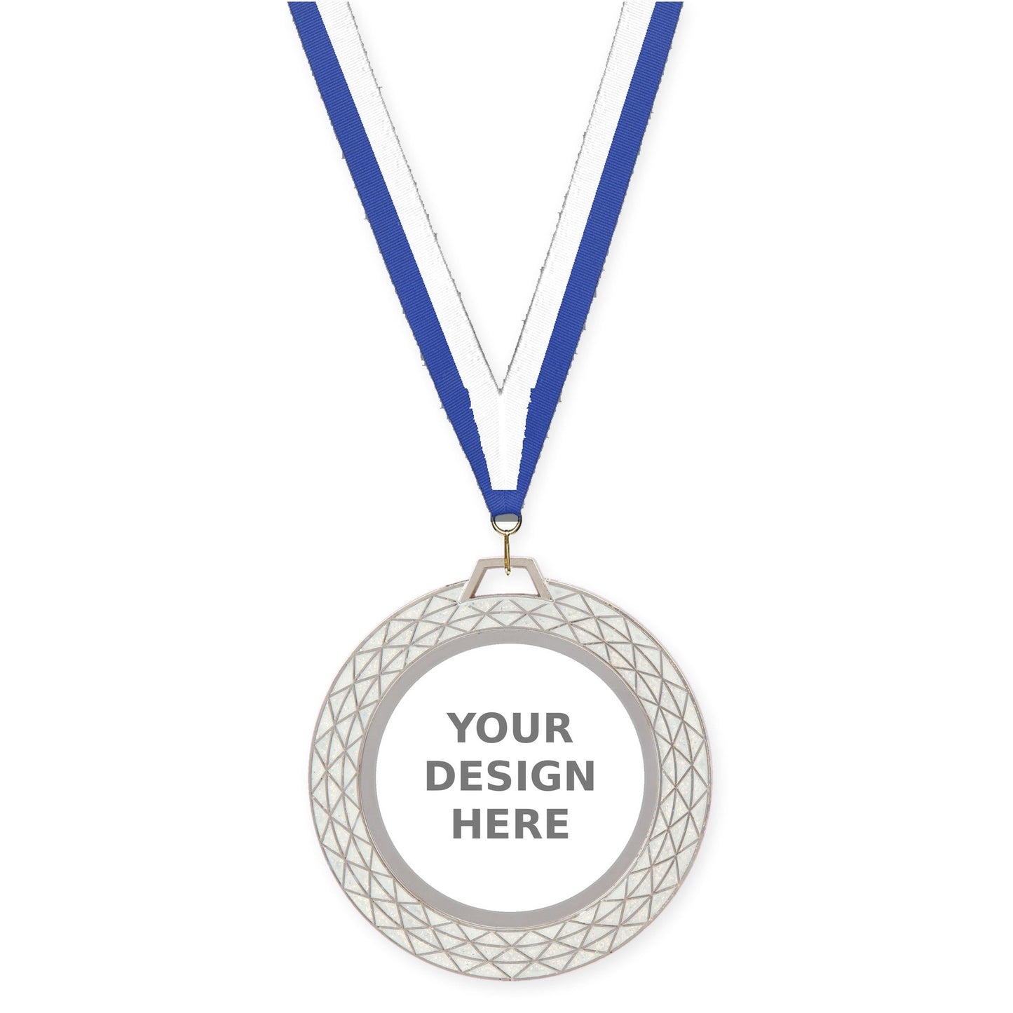 2 3/4 inch Bling insert medal in white with Blue White neck ribbon