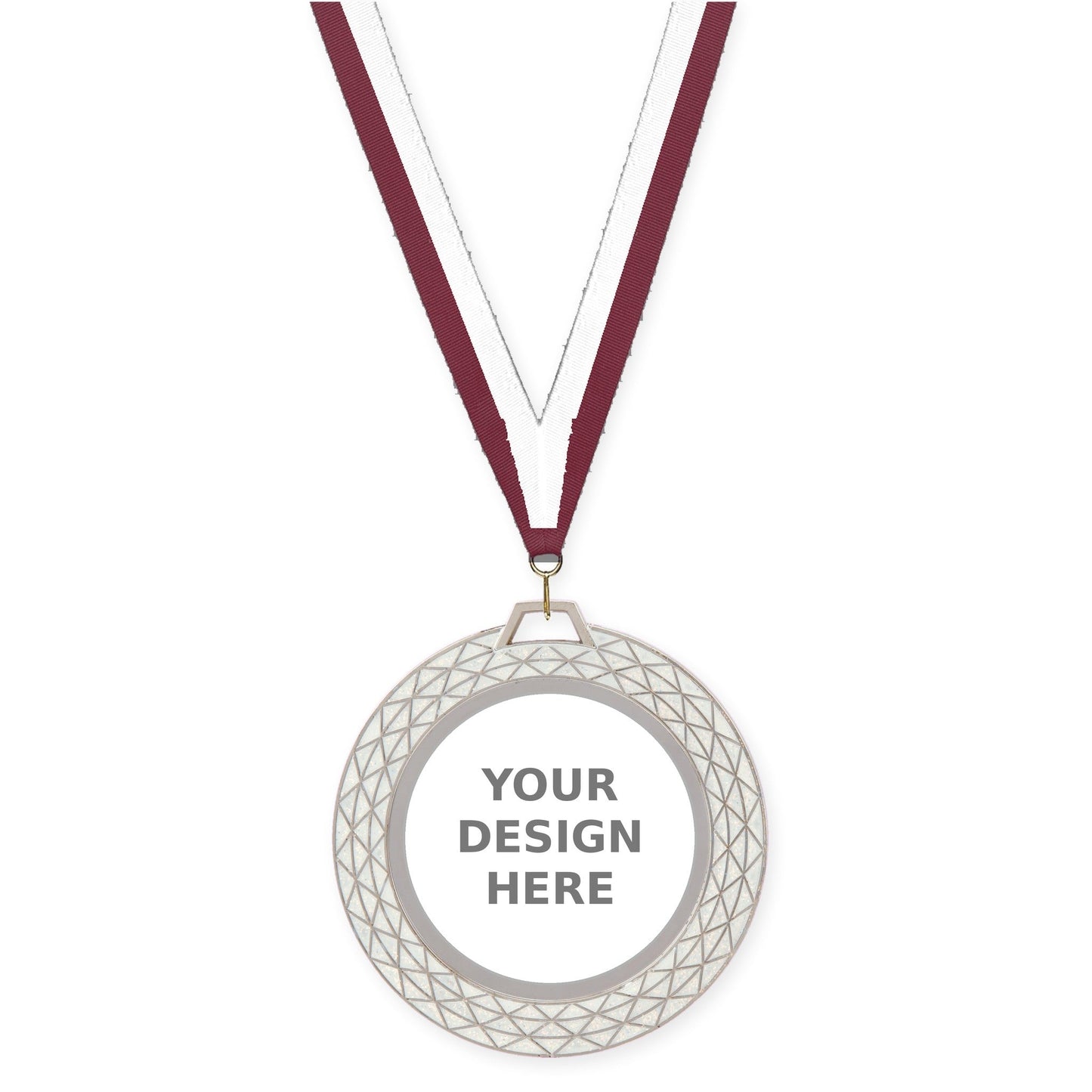 2 3/4 inch Bling insert medal in white with Maroon White neck ribbon