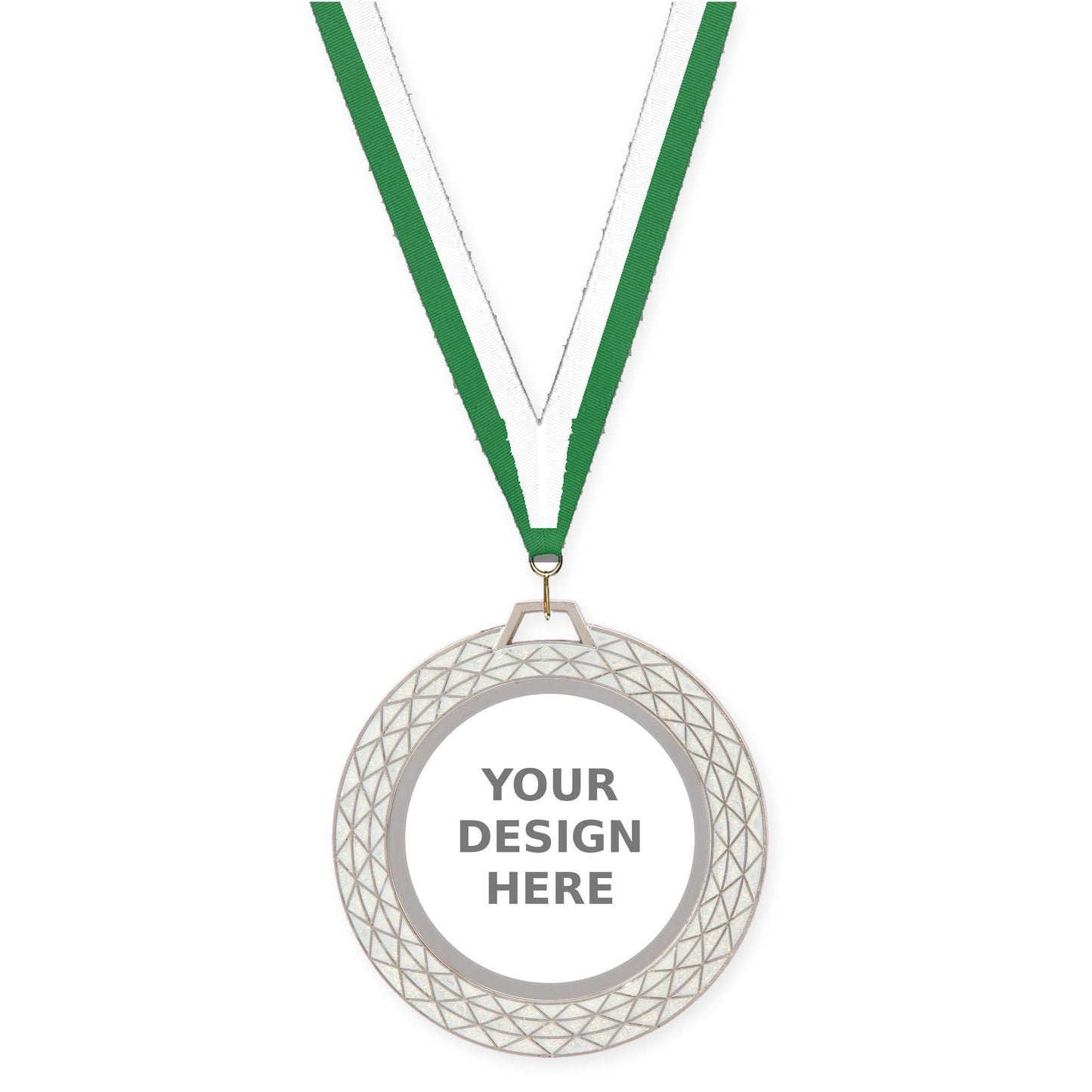 2 3/4 inch Bling insert medal in white with Green White neck ribbon