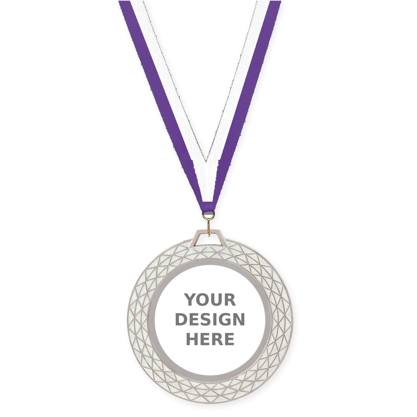 2 3/4 inch Bling insert medal in white with Purple White neck ribbon
